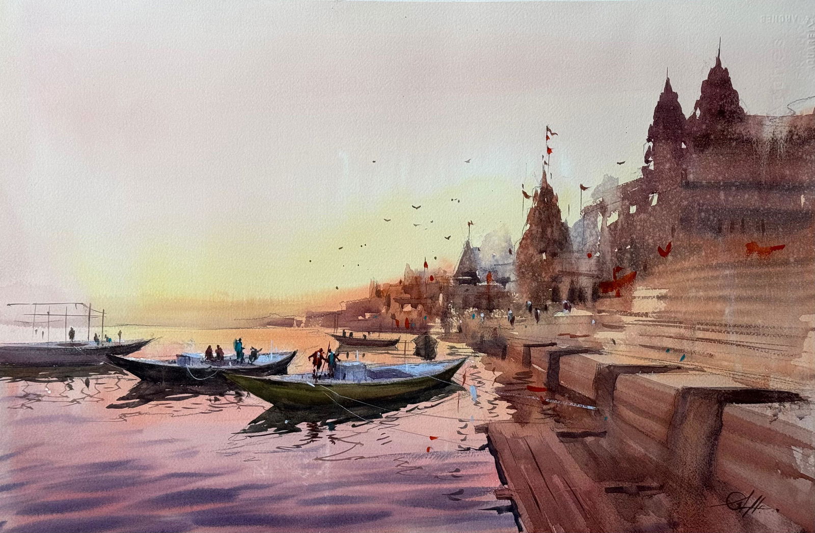 Watercolor Landscape Painting / Varanasi Temple Ghat and Beautiful Reflection. Image