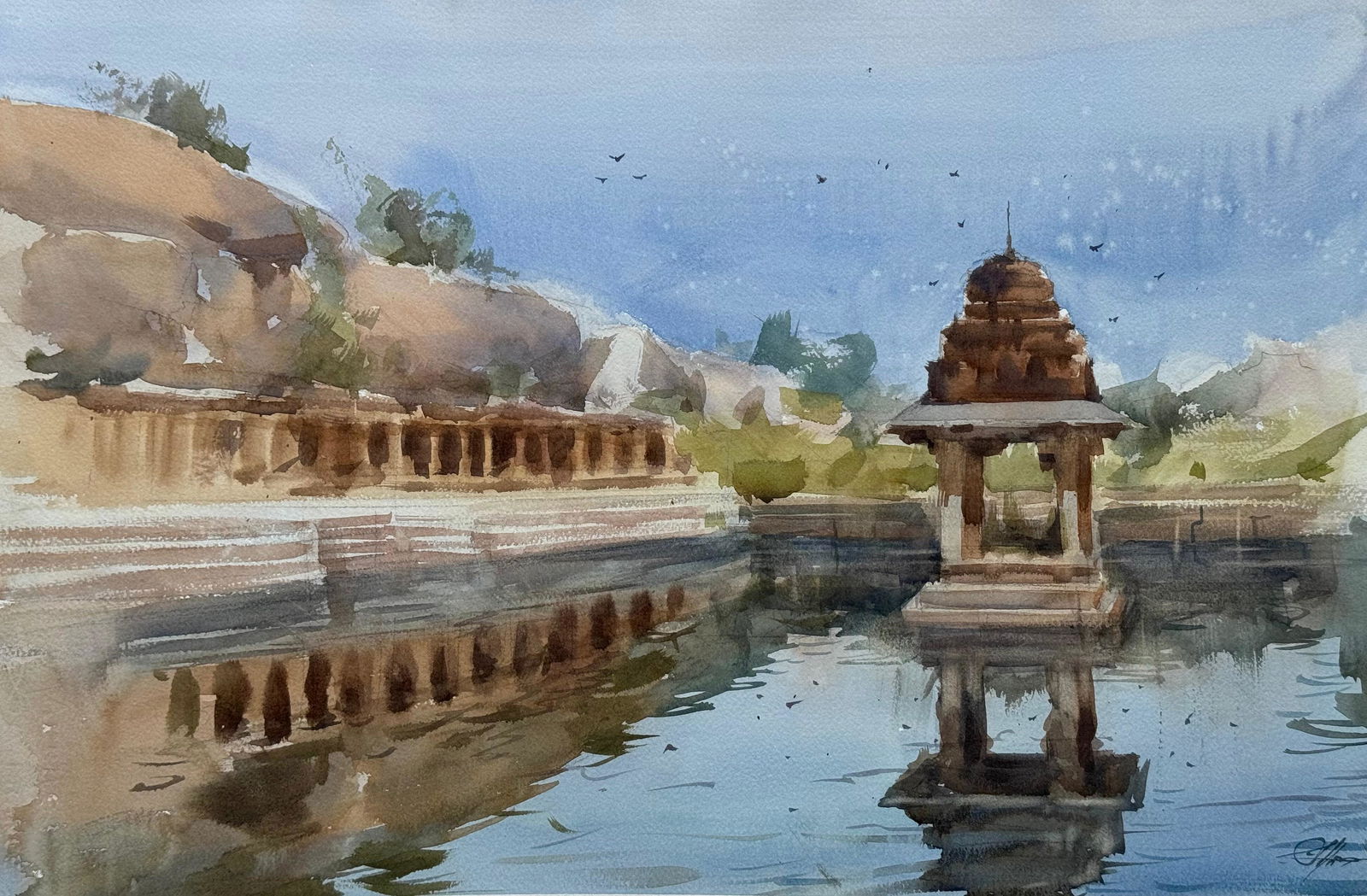 Hampi Krishna Kundra / Watercolor Landscape Painting Image