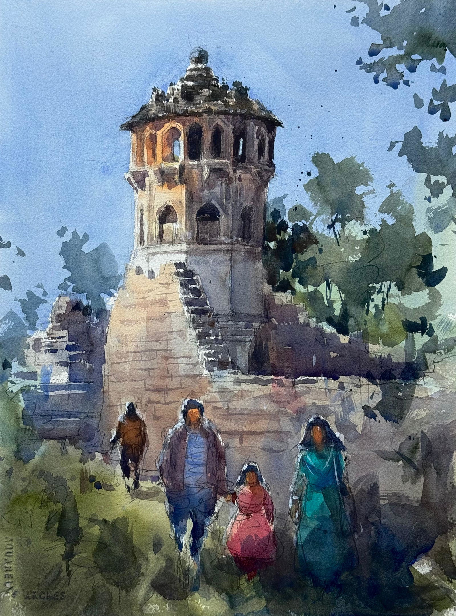 Beautiful Watercolor Landscape Painting / Indian Heritage Hampi Art Work Image