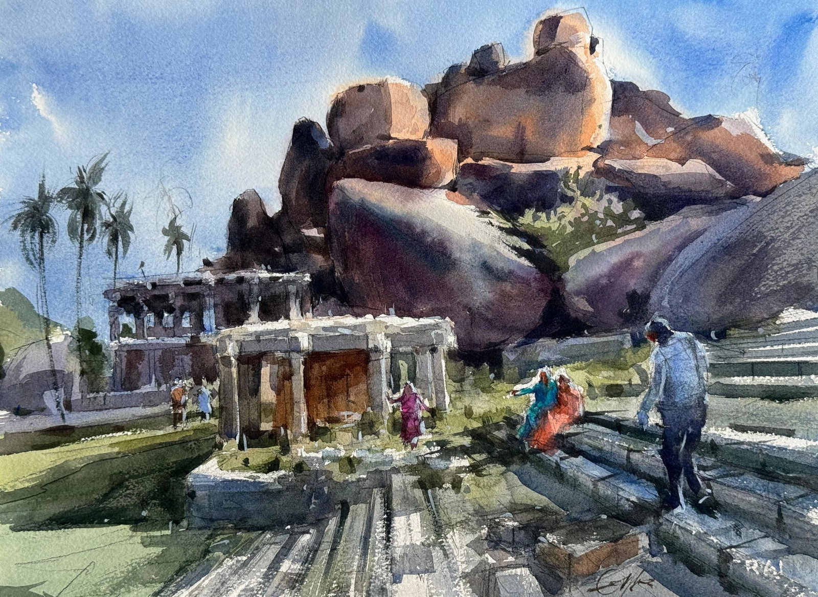 Watercolor Landscape Painting / Indian Heritage Hampi Art Work.  Image