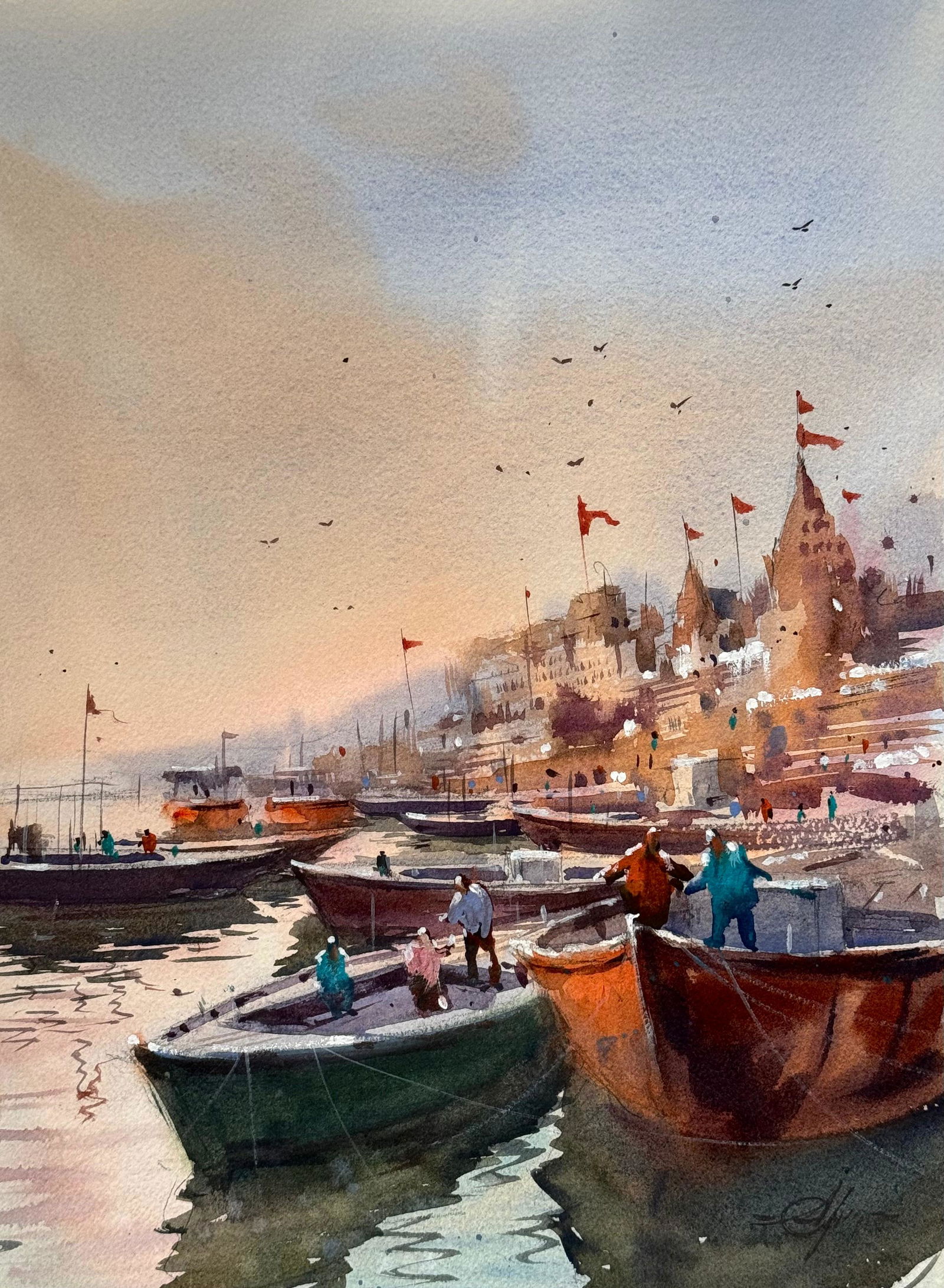 Watercolor Landscape Painting Varanasi Ghat / Kashi Painting / Temple and Boats. Image