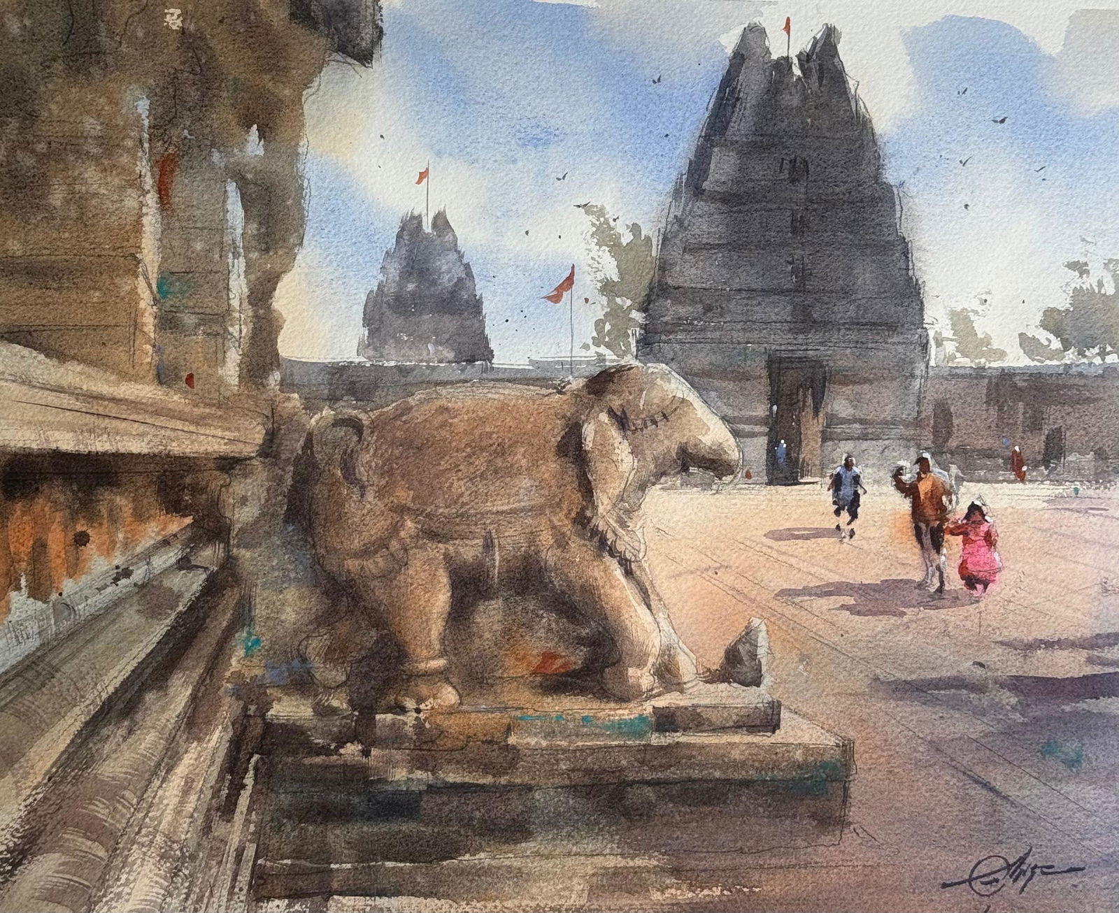 Beautiful Watercolor Landscape Painting / Indian Heritage Hampi / Art Work Vittala temple Image