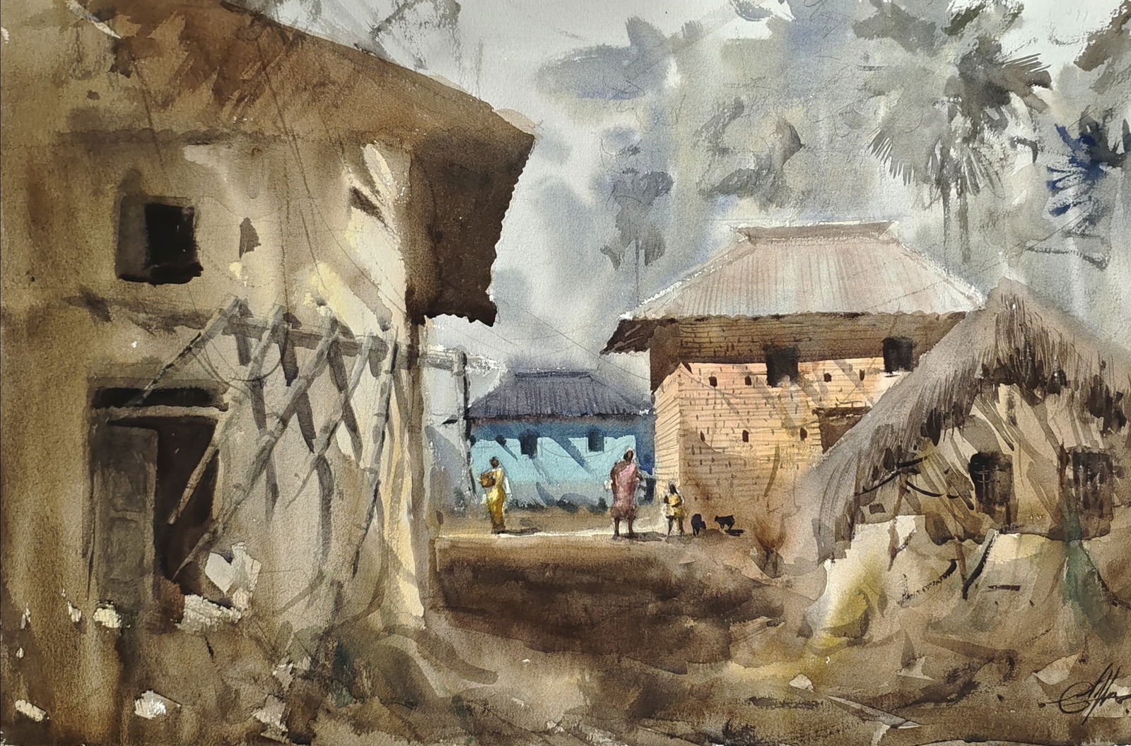 Watercolor Landscape Painting / Bolpur Santiniketan Village 22x15 Inch Image