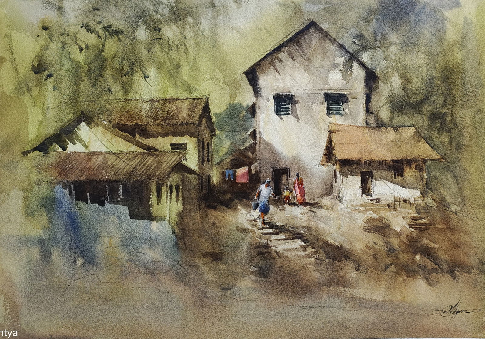  Watercolor Village Scape Painting / Amta-Howrah.    Image