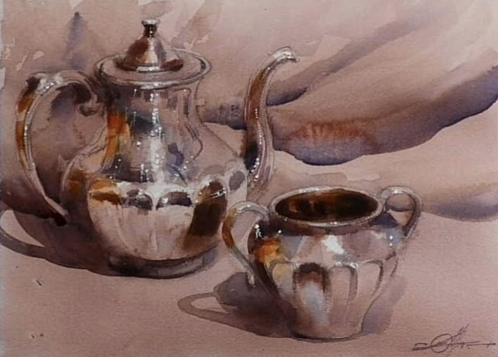 Watercolor Still Life Painting for Dinning Hall / Copper Pot Painting.15×11 inch. Image