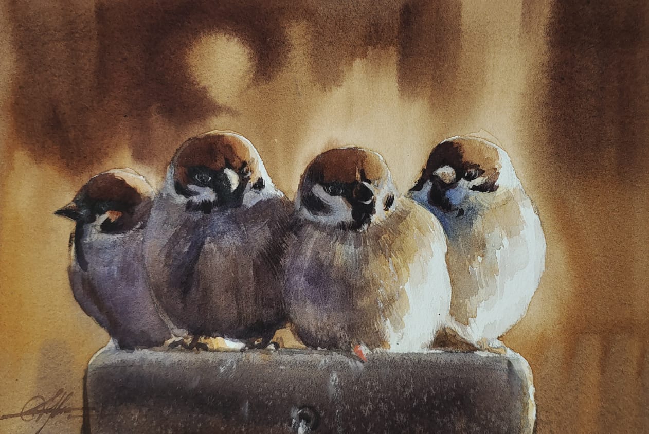 Sparrows  family / Cute Birds Painting.9×8 inch Image