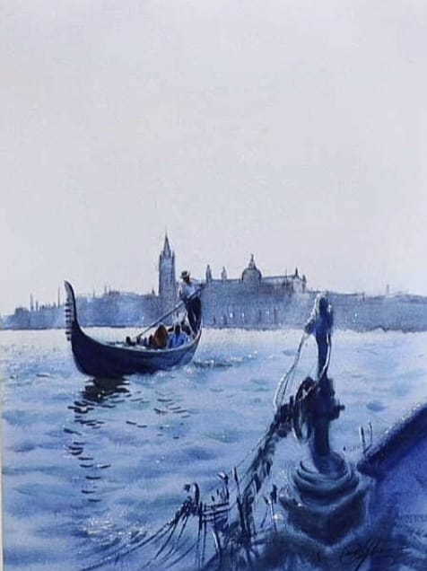 Early Morning / Venice Boats Painting / Watercolor Landscape Painting Beautiful waves and Reflection.11×15 inch. Image