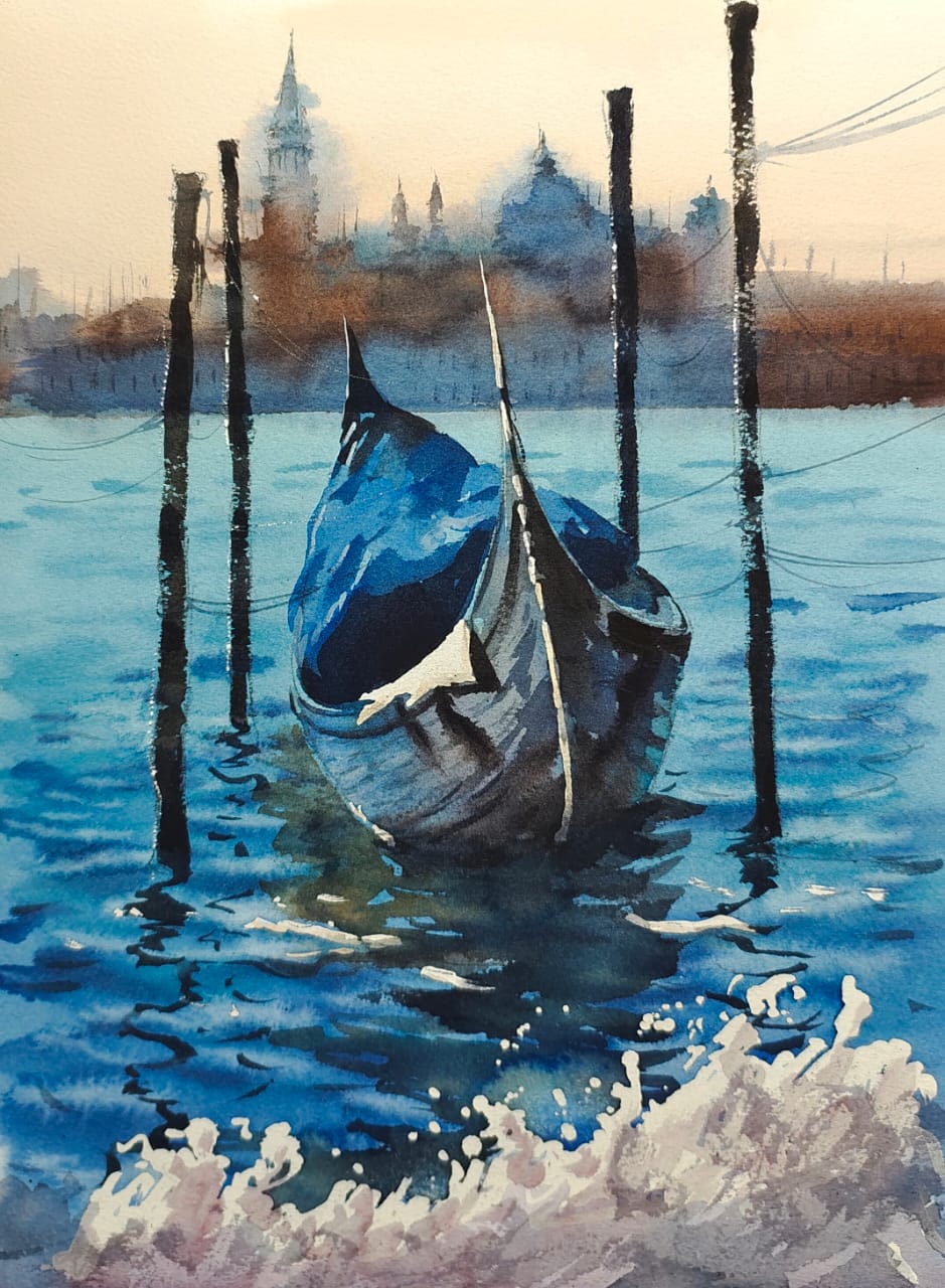 Venice Boats Painting / Watercolor Landscape Painting Beautiful waves and Reflection.11×15 inch. Image