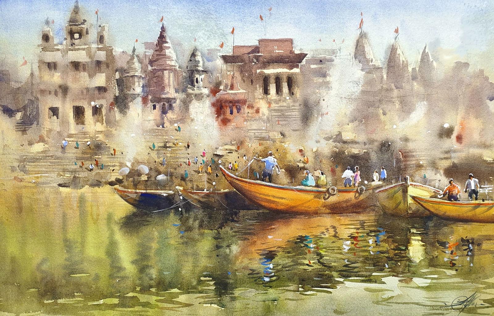 Varanasi Watercolor Landscape Painting / Indian Heritage of Lord Shiva.  Famous Ghat Painting. 22x15 inch. Image