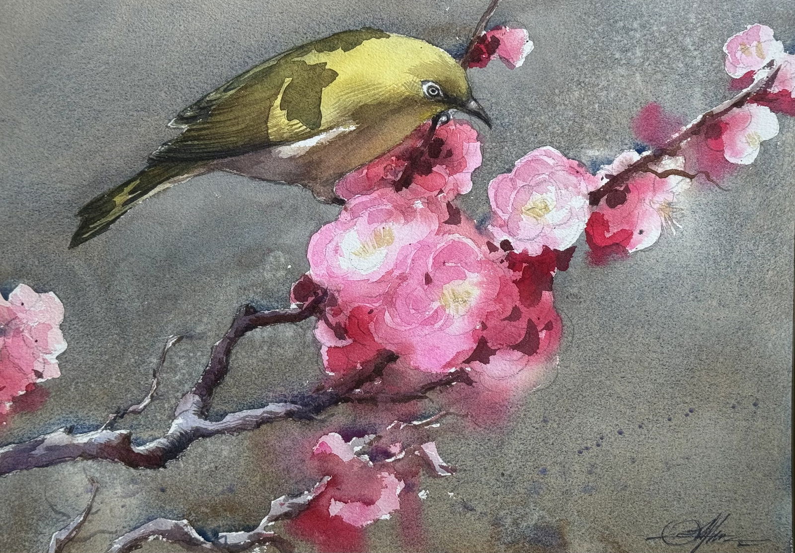 Watercolour Painting yellow Bird with Flowers 15x11 inch.  Image