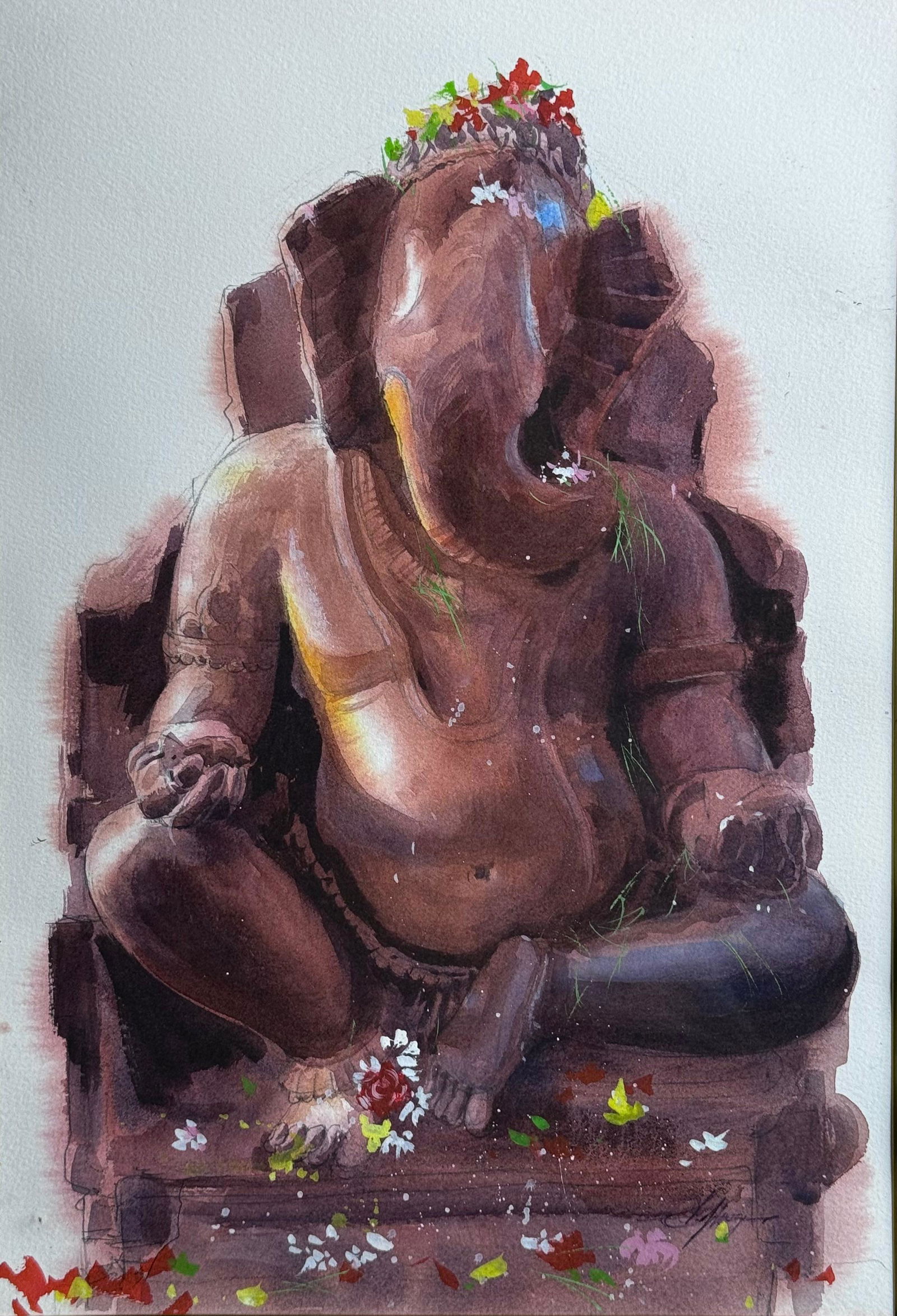 Watercolor Sculpture Painting Ganesa Idol From Khajuraho Temple size- 15x11 inch Image