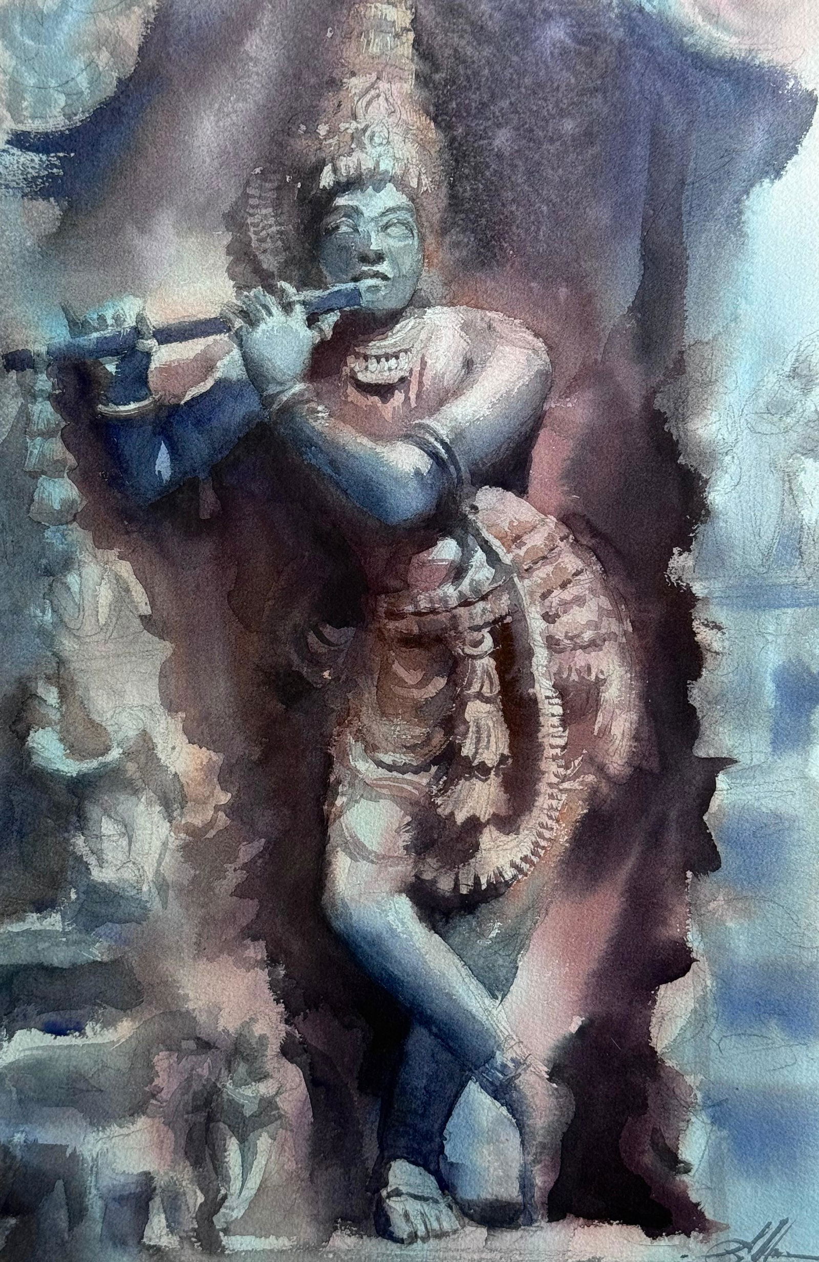 Krishna Hoysala Temples / Watercolor Sculpture Painting 20x14 inch Image