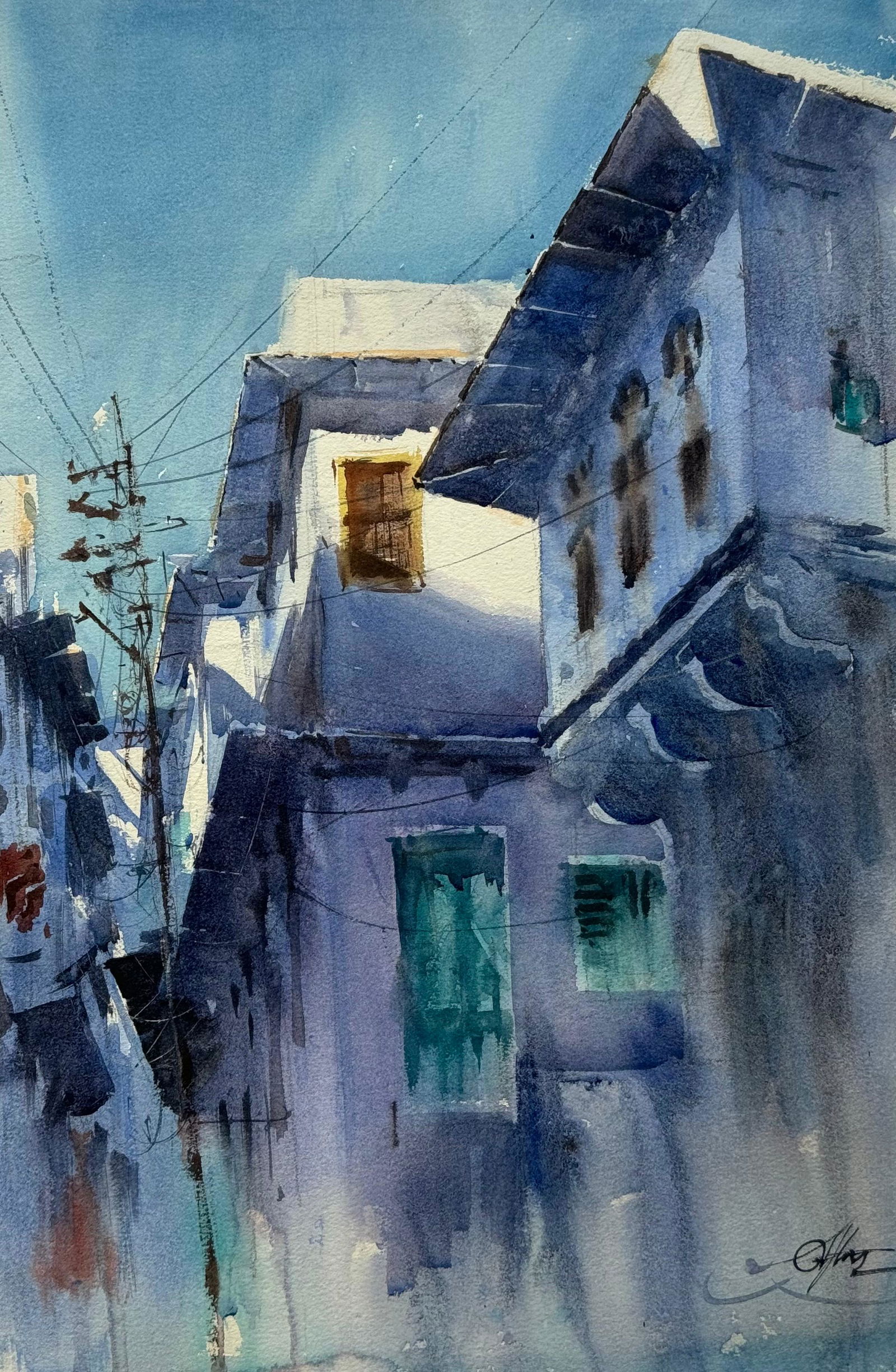 Watercolor Landscape Painting Bundi Blue City 20x14 inch Image