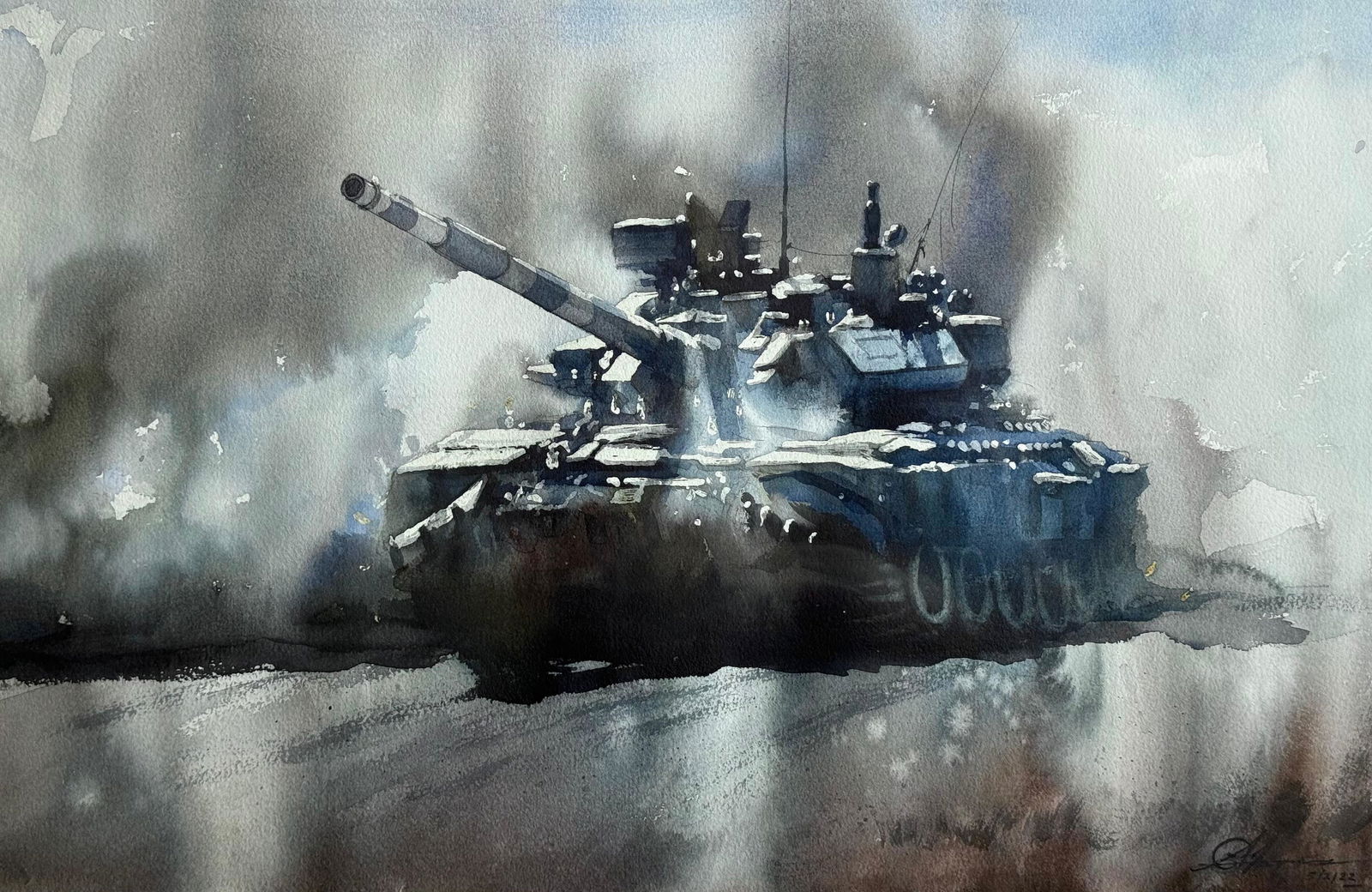 War Painting / Watercolor Painting Armed Tank / Army / 22x15 inch Image