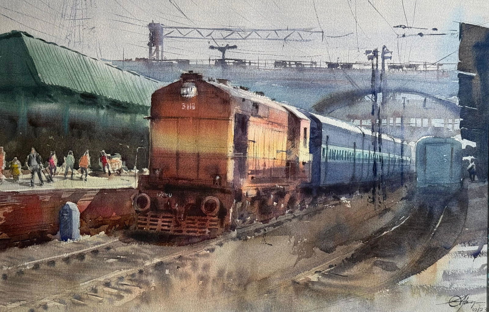 The Train / Indian Railways Painting / Watercolor Landscape Painting 22x15 inch Image