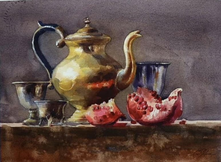 Beautiful Colours Contrast Watercolor Still Life Painting 15x11 inch for Dining Hall.   Image