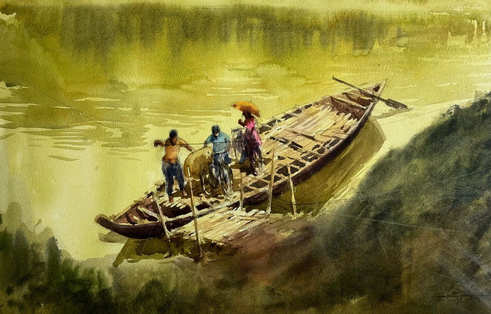 Rural Landscape Painting / Watercolor Village Scape Painting / Boats, River 20x14 Image