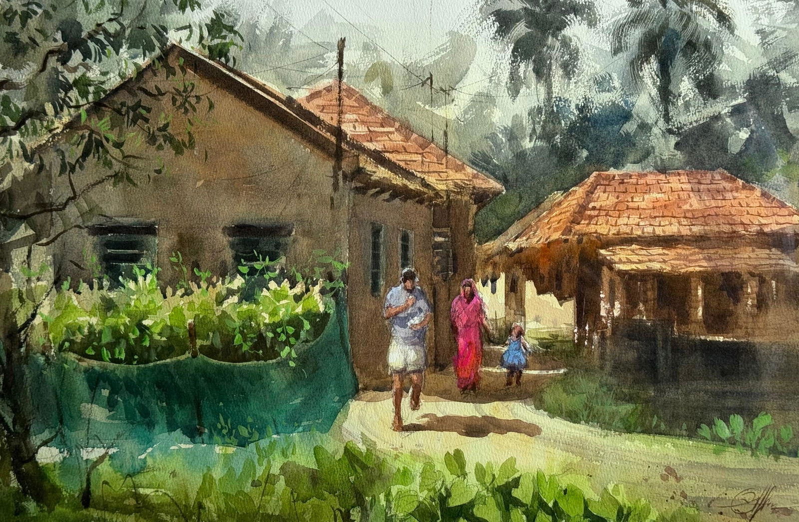 Rural Landscape Painting / Watercolor Village Scape Painting / Human Figures and Houses 20x14 inch Image