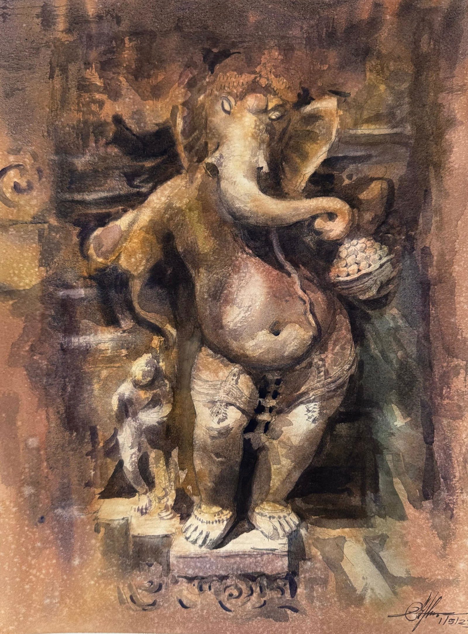 Watercolor Sculpture Painting / Lord Ganesha idol 17x13 inch.    Image