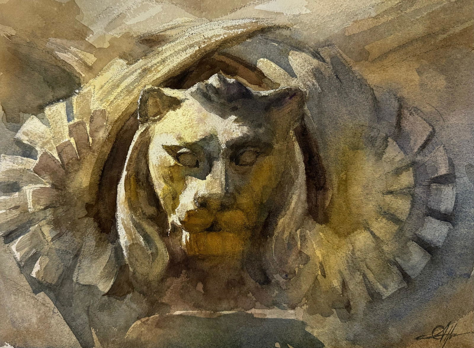 Watercolor Sculpture Painting / Lion’s Sculpture .16x12 inch Image