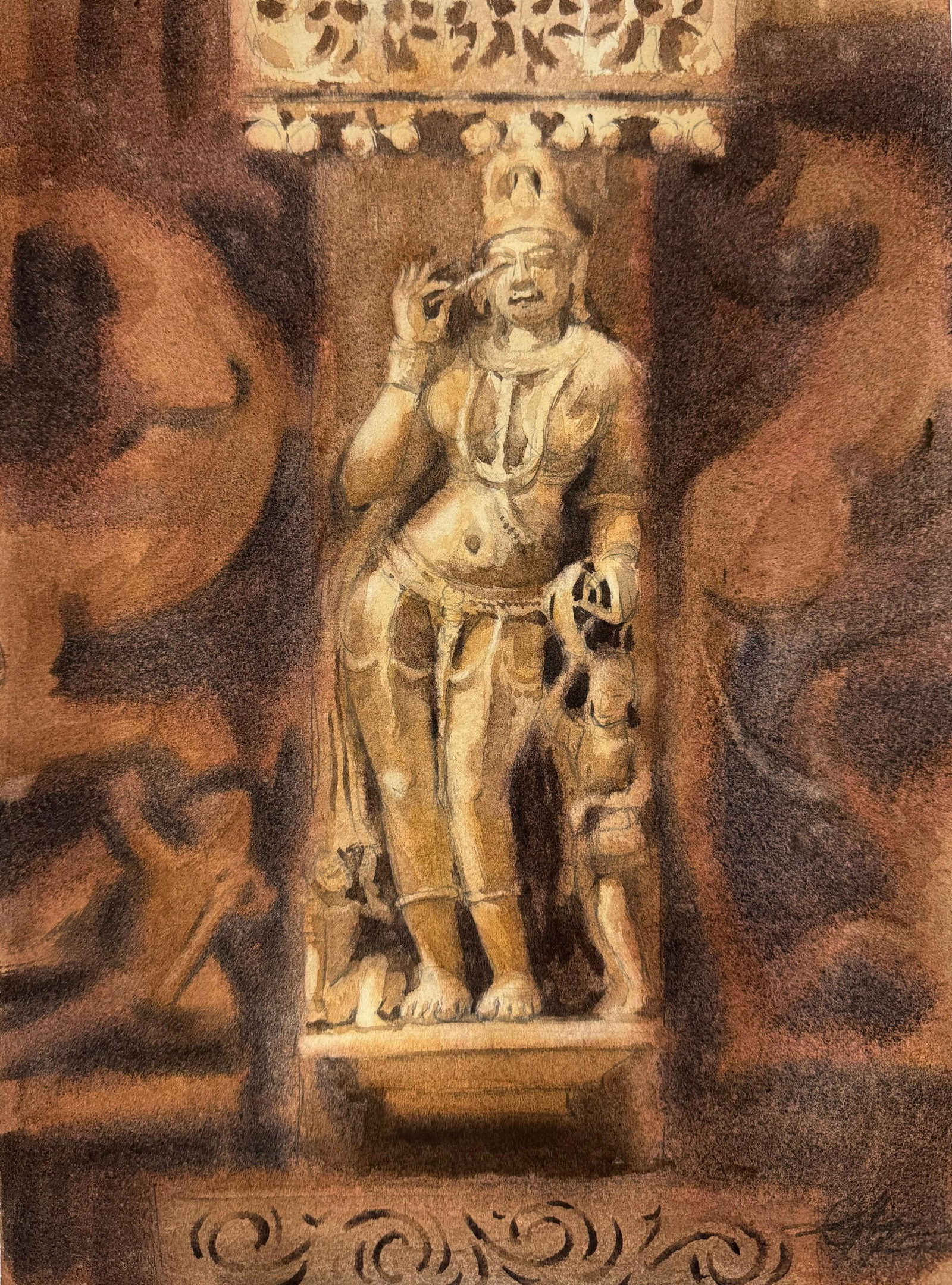 Watercolor Sculpture Painting / Khajuraho’s Sculpture 15x11inch.   Image