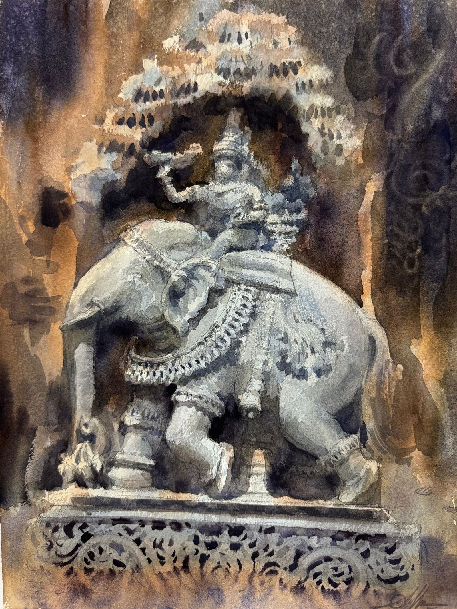 Watercolor Sculpture Painting /Elephanta Sculpture 15x11 inch Image