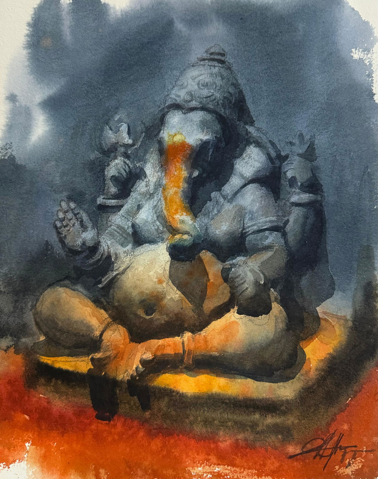 Watercolor Sculpture Painting / Lord Ganesha Sculpture 16x12 inch.   Image