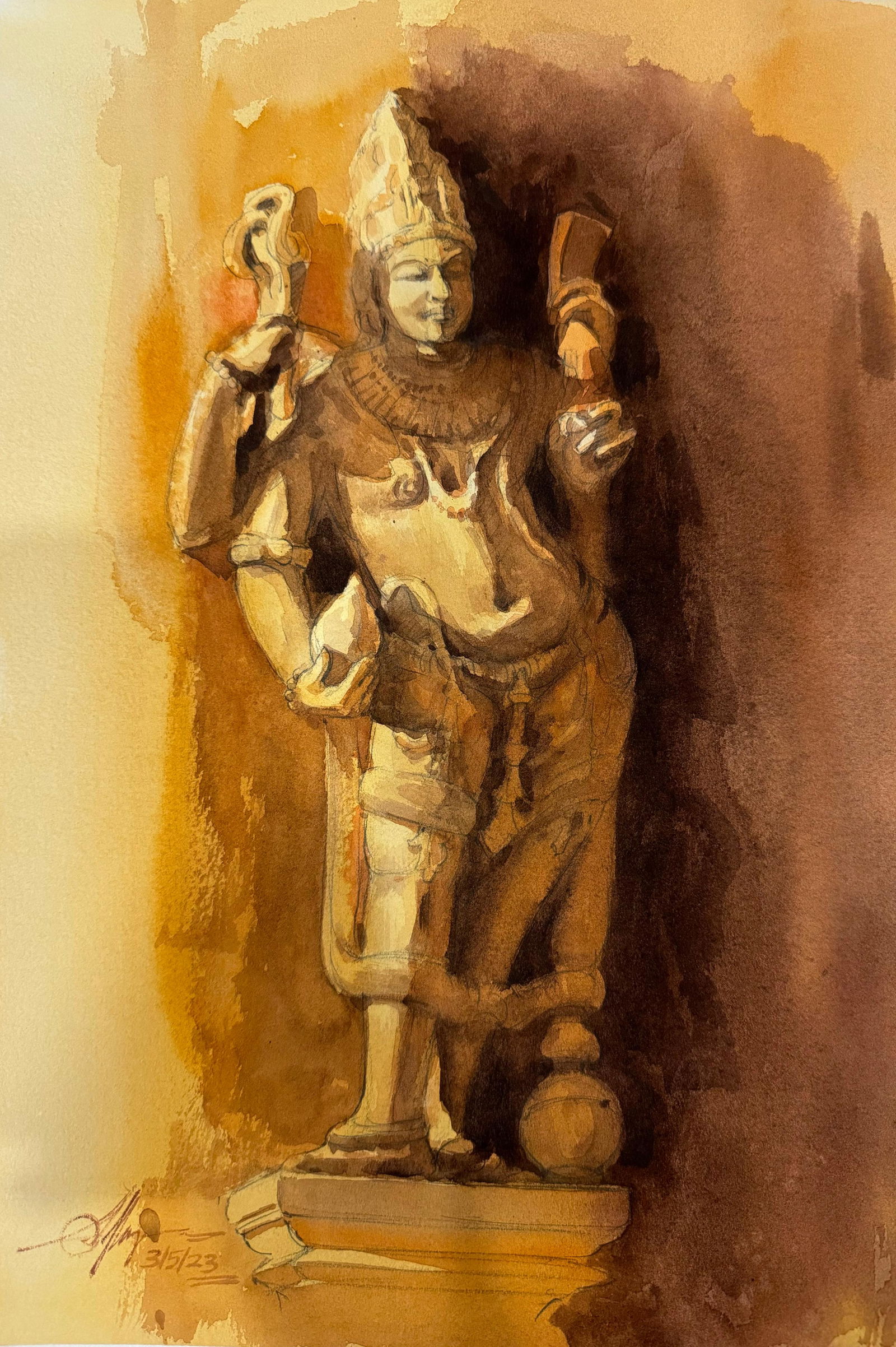 Watercolor Sculpture Painting / Khajuraho’s Sculpture 17x12 inch.  Image