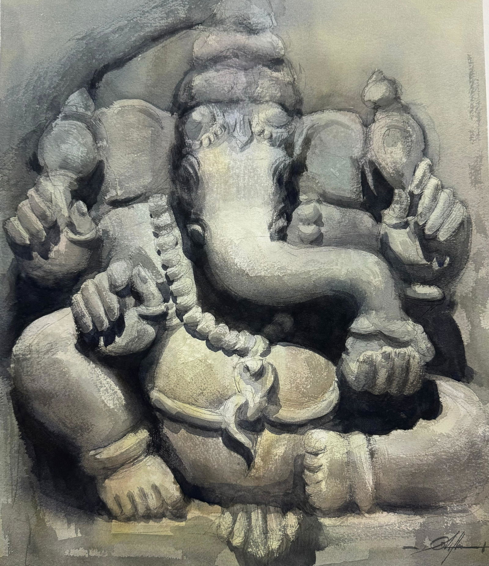 Watercolor Sculpture Painting / Lord Ganesha Sculpture 18x15 inch.   Image