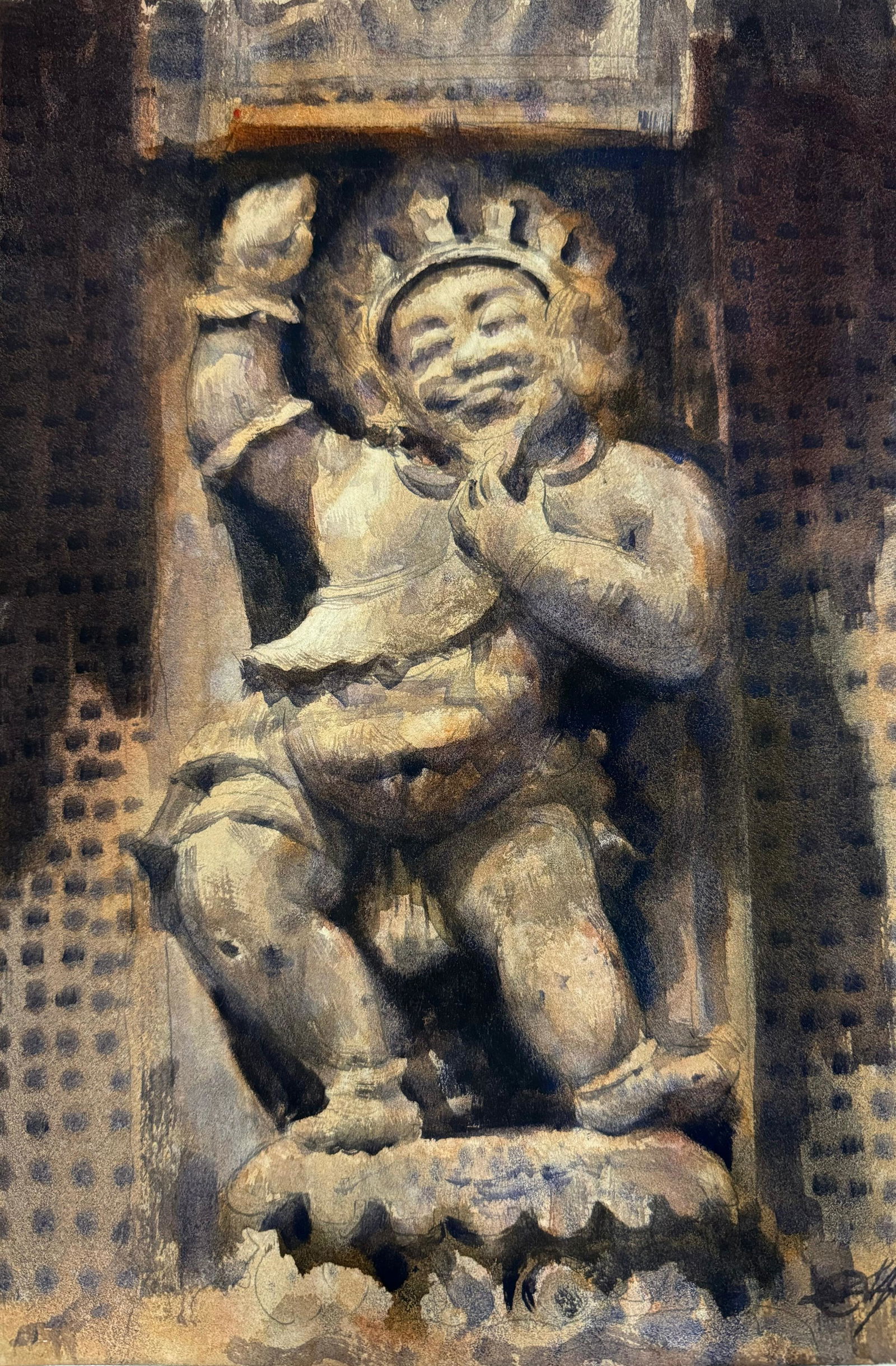 Watercolor Sculpture Painting / Khajuraho’s Sculpture Lord Indra 16x12 inch.   Image