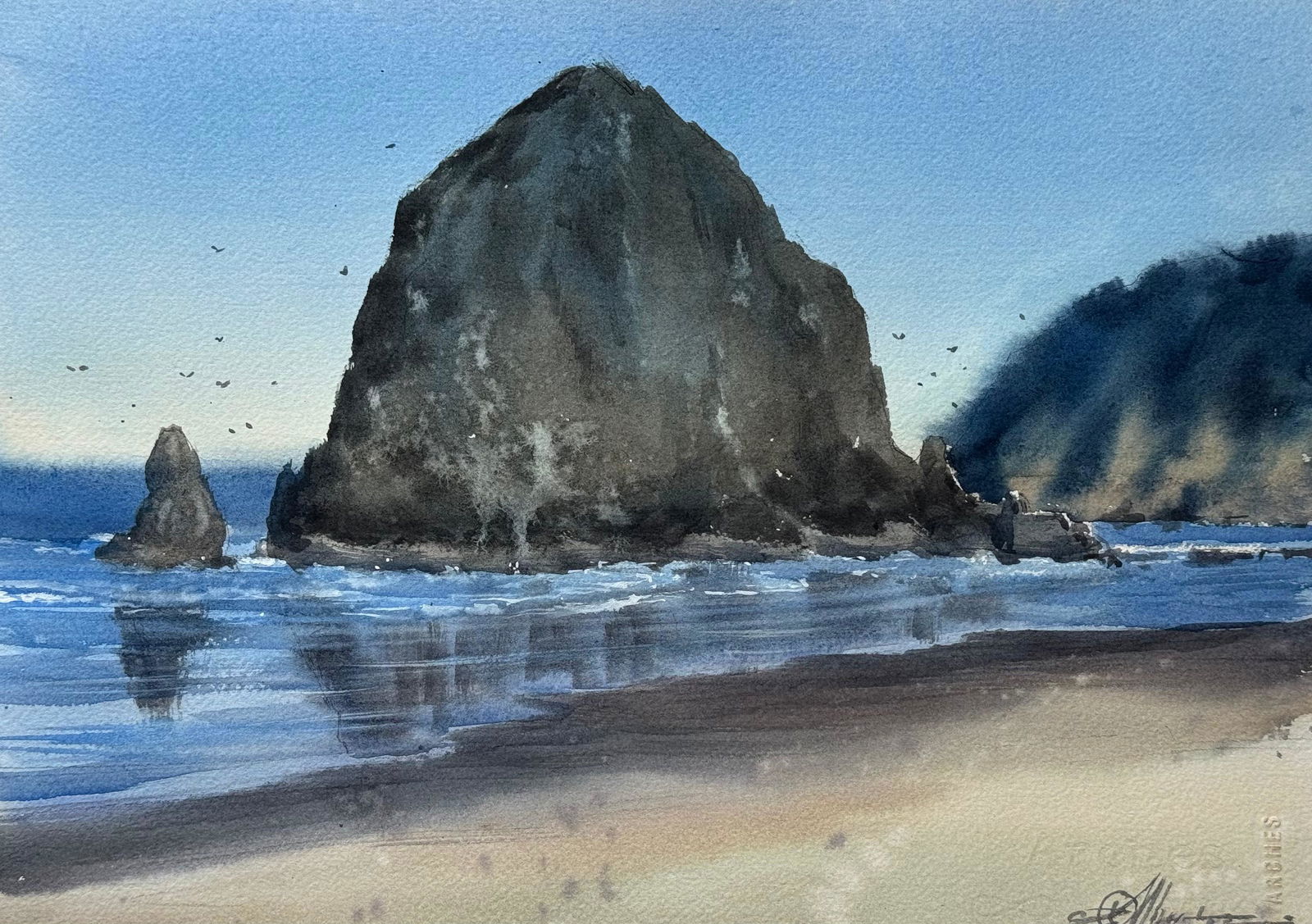 Watercolor Sea Scape Painting / Mountain,Reflection,waves 15x11 inch.  Image