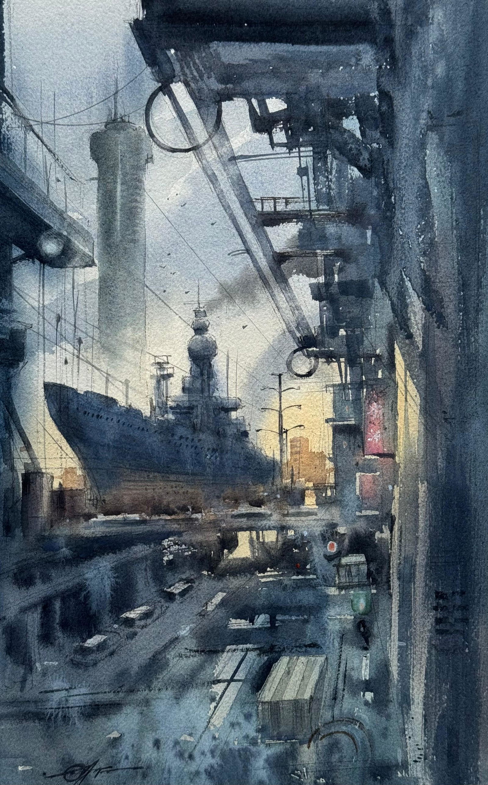 Watercolor Landscape Painting / Port ,Ship,Building,Moody Atmosphere, 15x9 inch.    Image