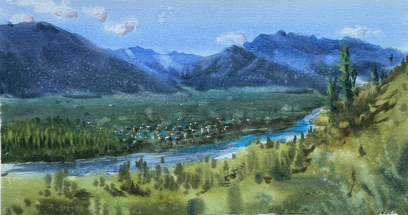 Watercolour Hills Scape Painting Pahalgam Kashmir India 15x8 inch. Image