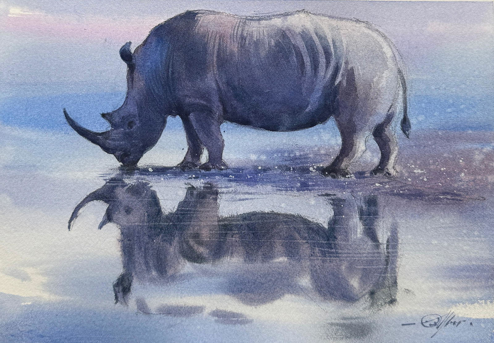 Rahino Watercolour Painting 11x8 inch. Image