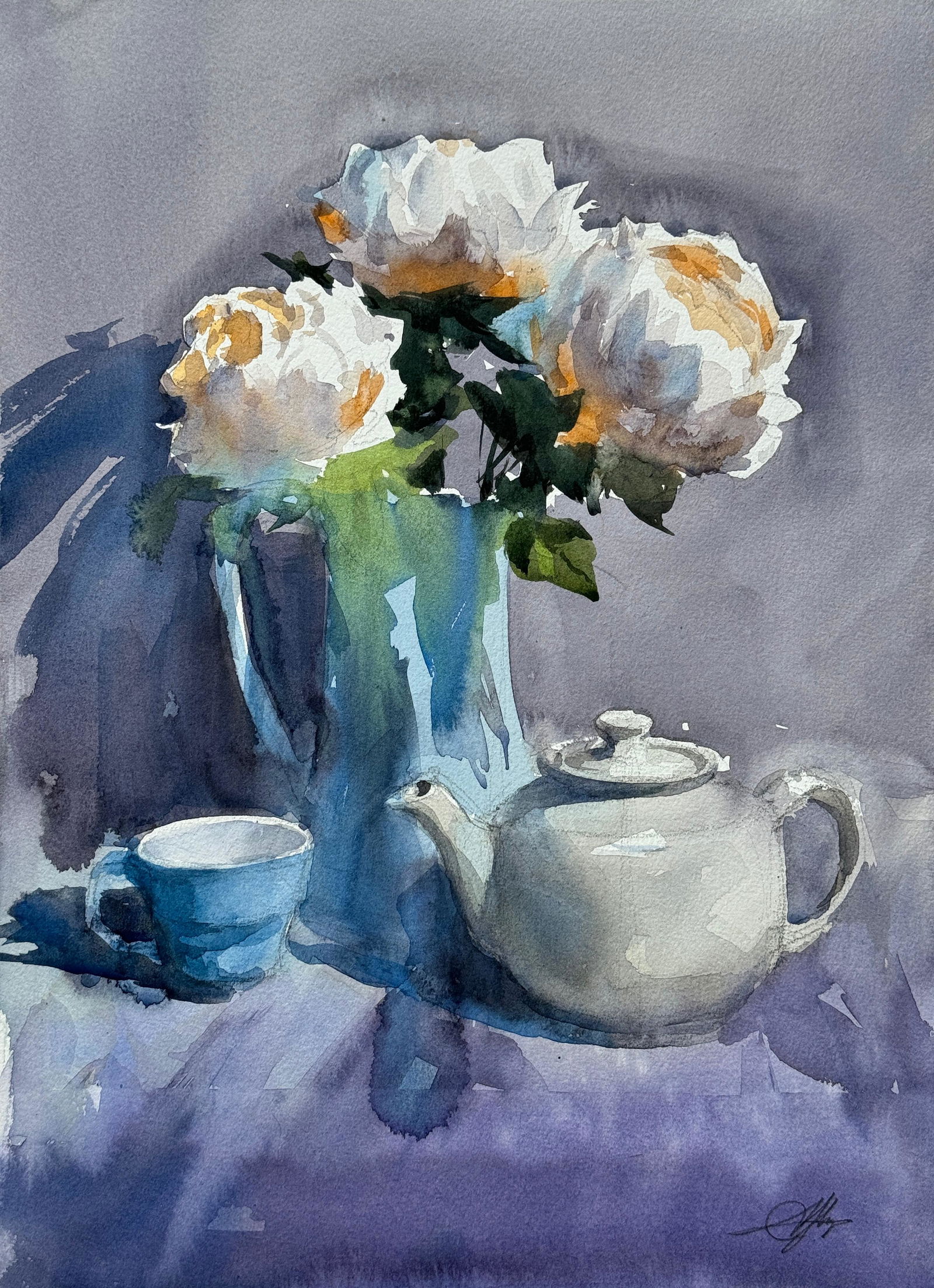 Watercolor Still Life Painting For Tea Room 15x11 inch. Image