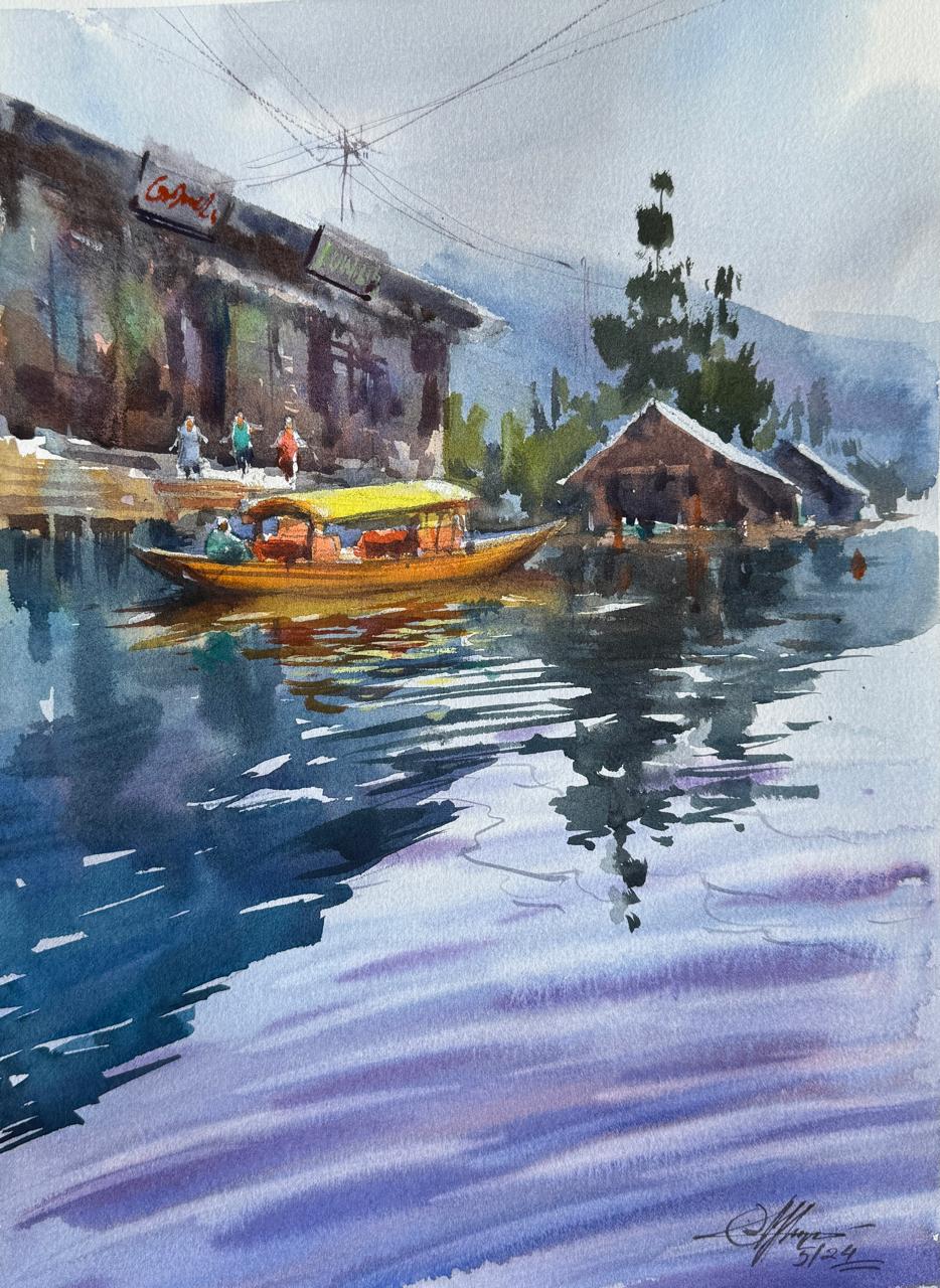 Watercolor Landscape Painting Dal Lake Srinagar 15x11 inch. Image