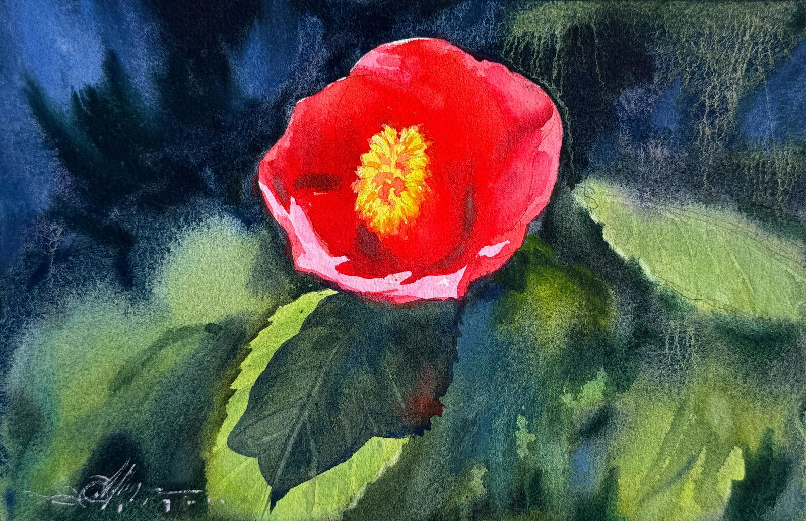 Small Watercolour Flowers Painting / Red Flower 11x7 inch. Image