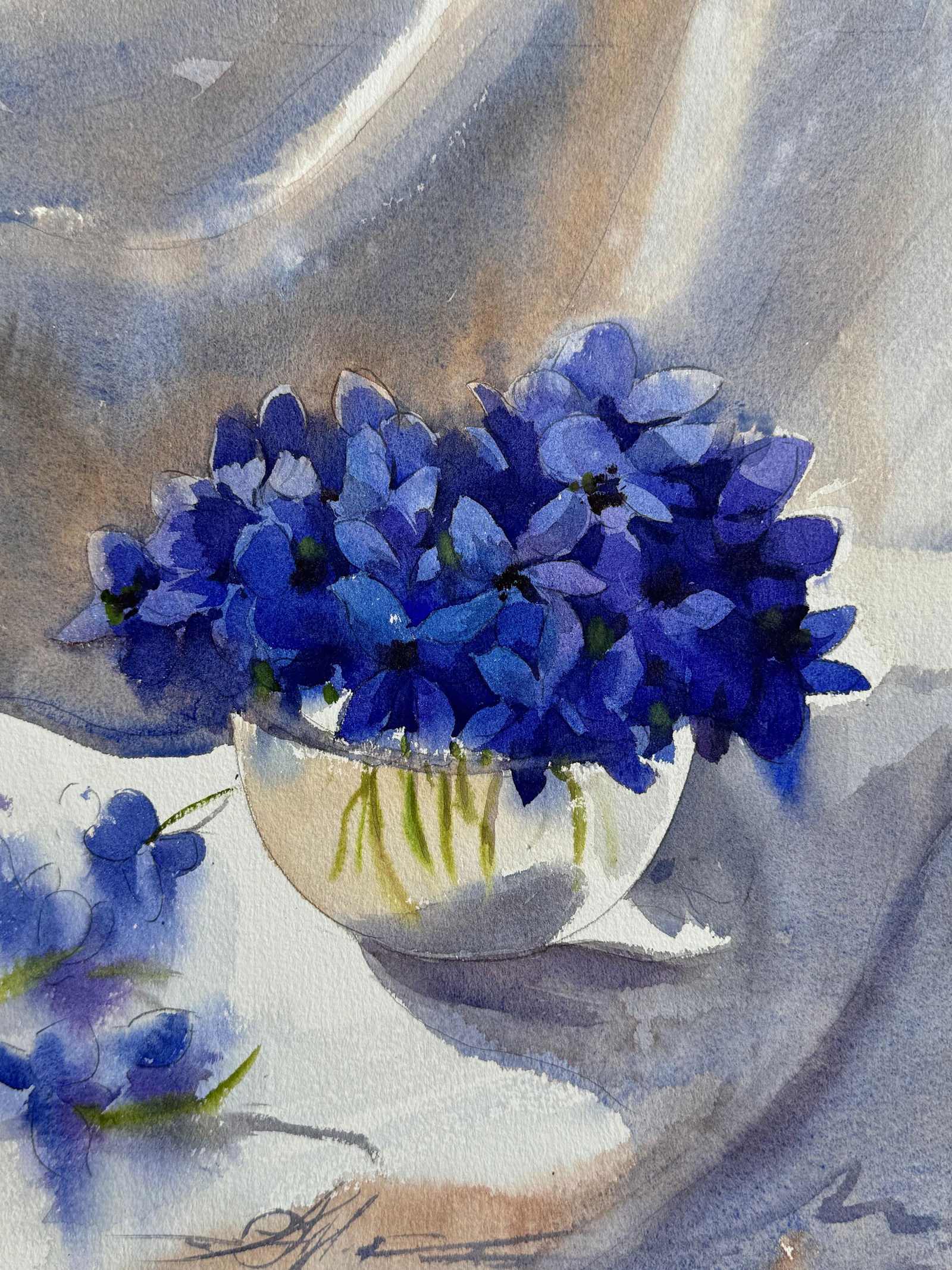 Watercolor Still Life Painting For Drawing Room/Blue Flowers With Pot 15x11 inch.  Image