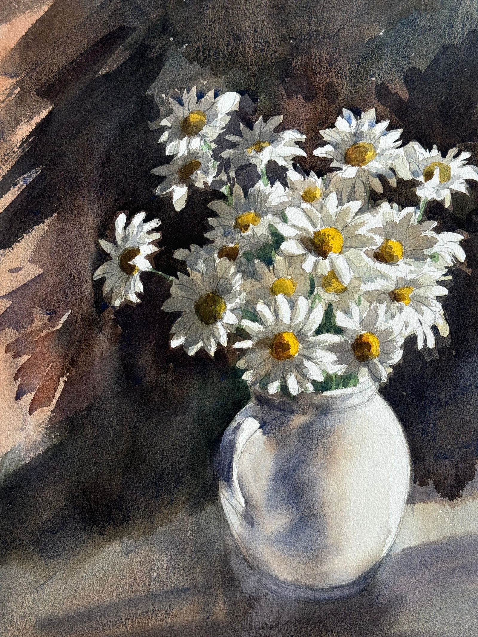 Watercolor Still Life Painting For Drawing Room/ White Flowers With Pot 15x11 inch. Image