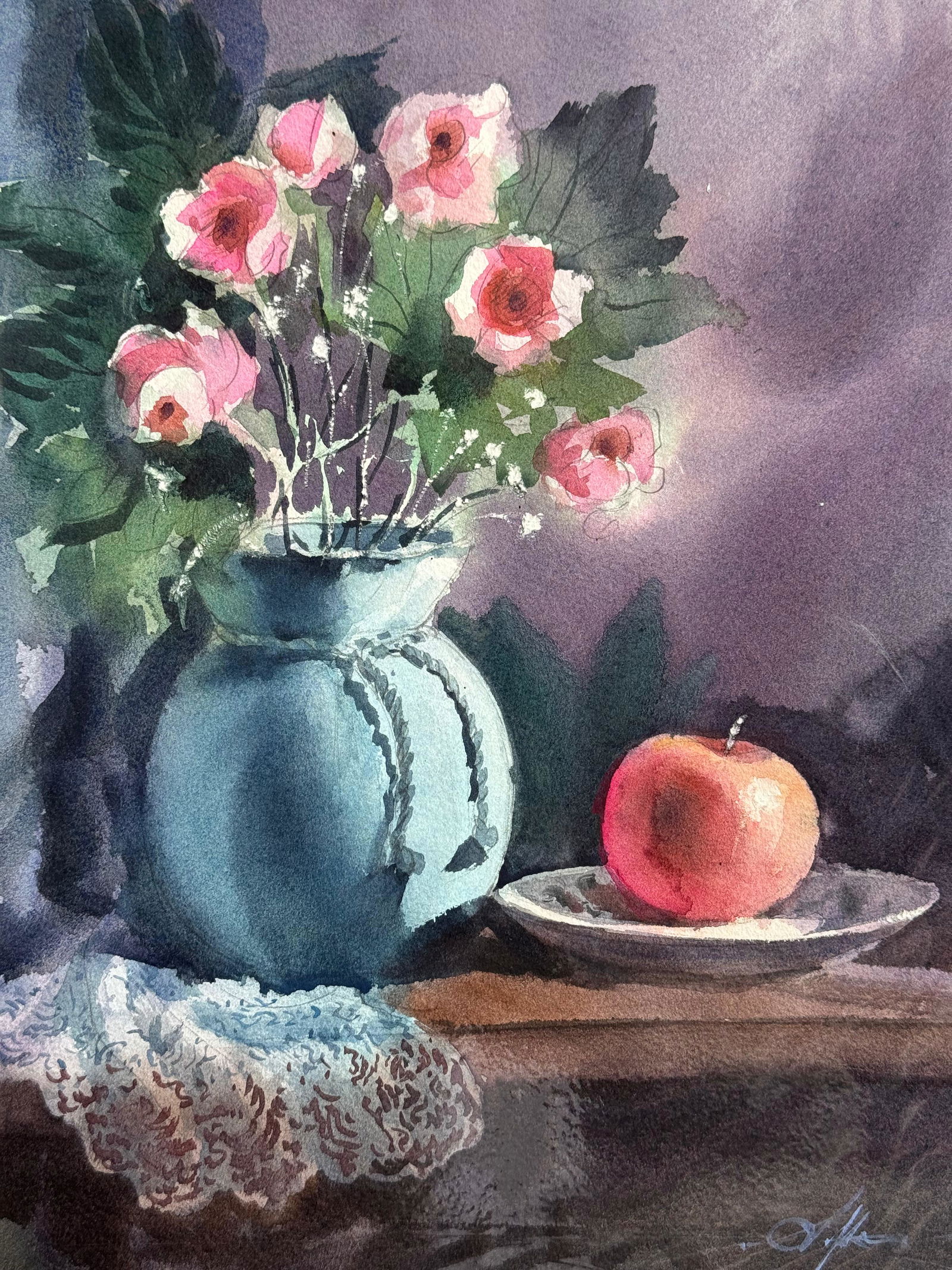 Watercolor Still Life Painting For Drawing Room/Red Flowers With Pot 15x11 inch.  Image