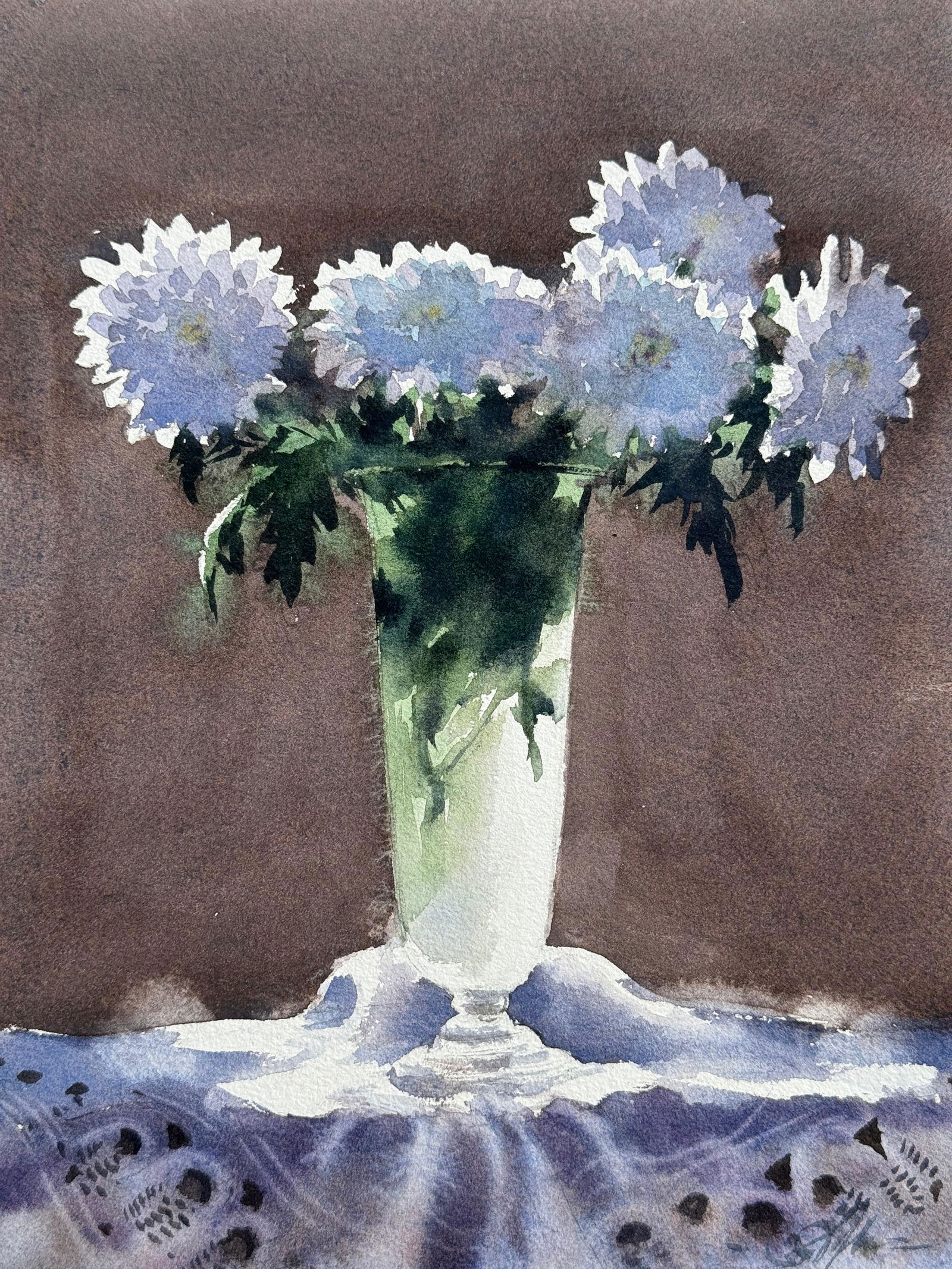 Small Watercolor Still Life Painting For Drawing Room/white Flowers With Pot 11x9 inch Image