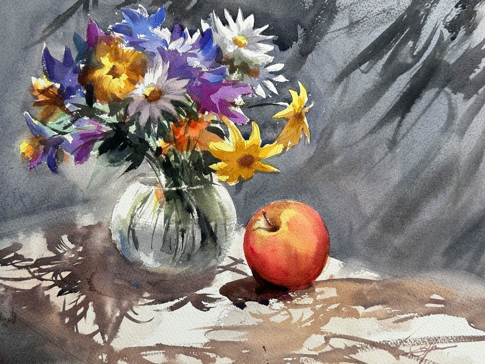 Watercolor Still Life Painting For Drawing Room,Dinning Hall / MultiColor Flowers With Pot 15x11 inch Image