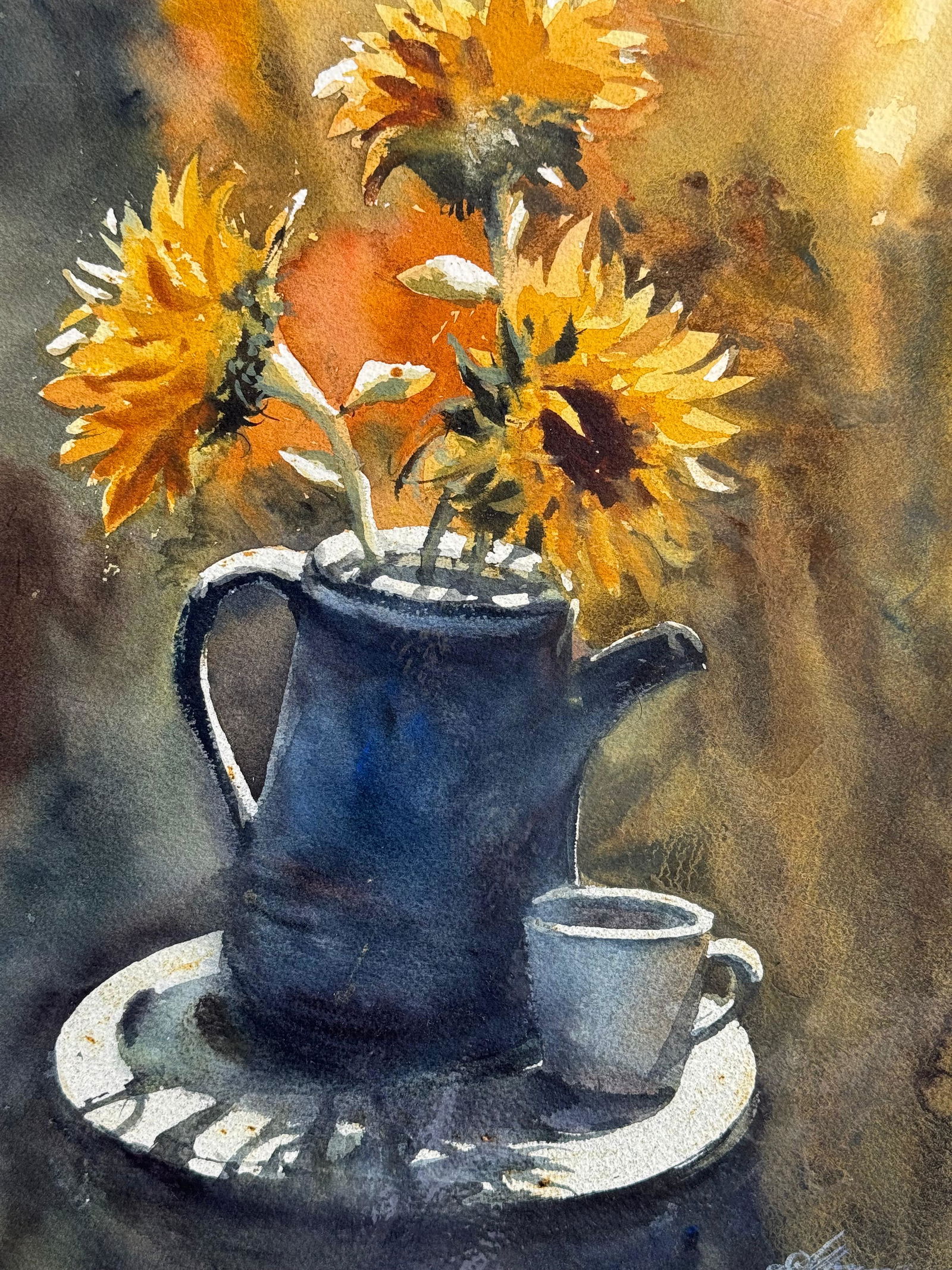 Watercolor Still Life Painting For Drawing Room,Dinning Hall / Sun Flowers With Pot 15x11 inch.   Image