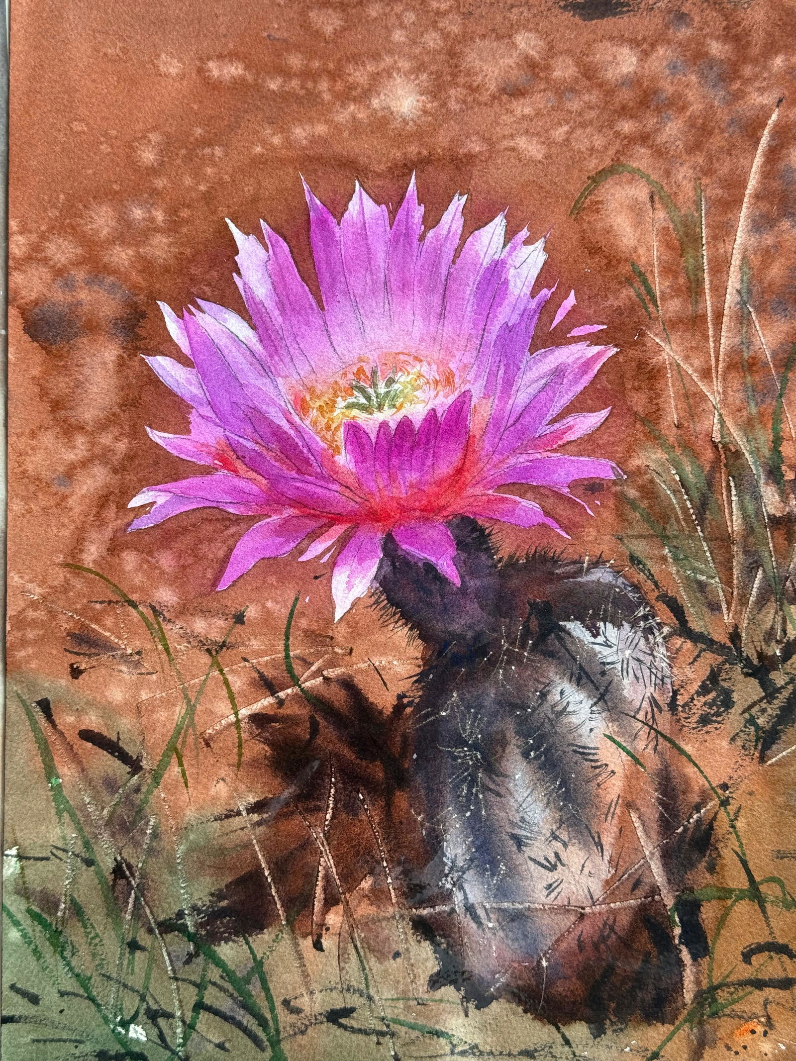 Watercolor Still Life Painting For Drawing Room,Dinning Hall / Pink Cactus Flower With Pot 14x10 inch.    Image