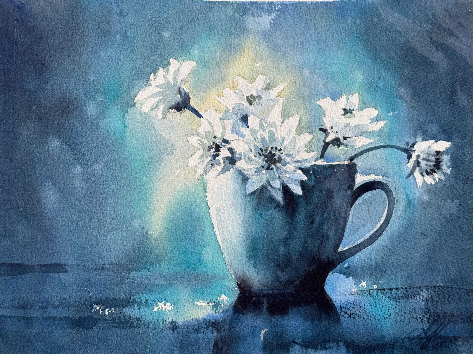 Watercolor Still Life Painting For Drawing Room,Dinning Hall / White Flowers With Pot 15x11 inch.  Image