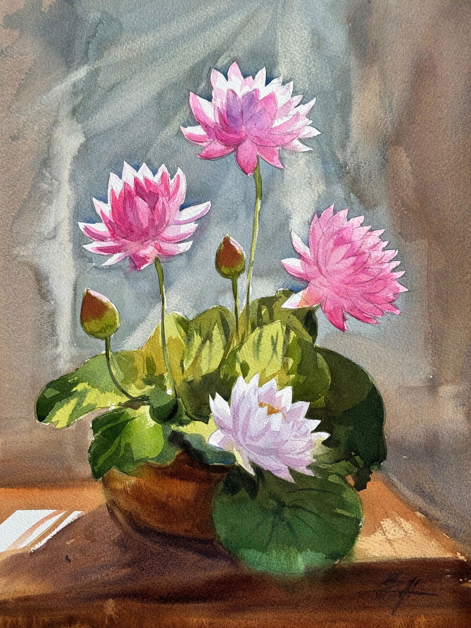 Watercolor Still Life Painting For Drawing Room,Dinning Hall / Lotus Flowers With Pot 16x12 inch. Image