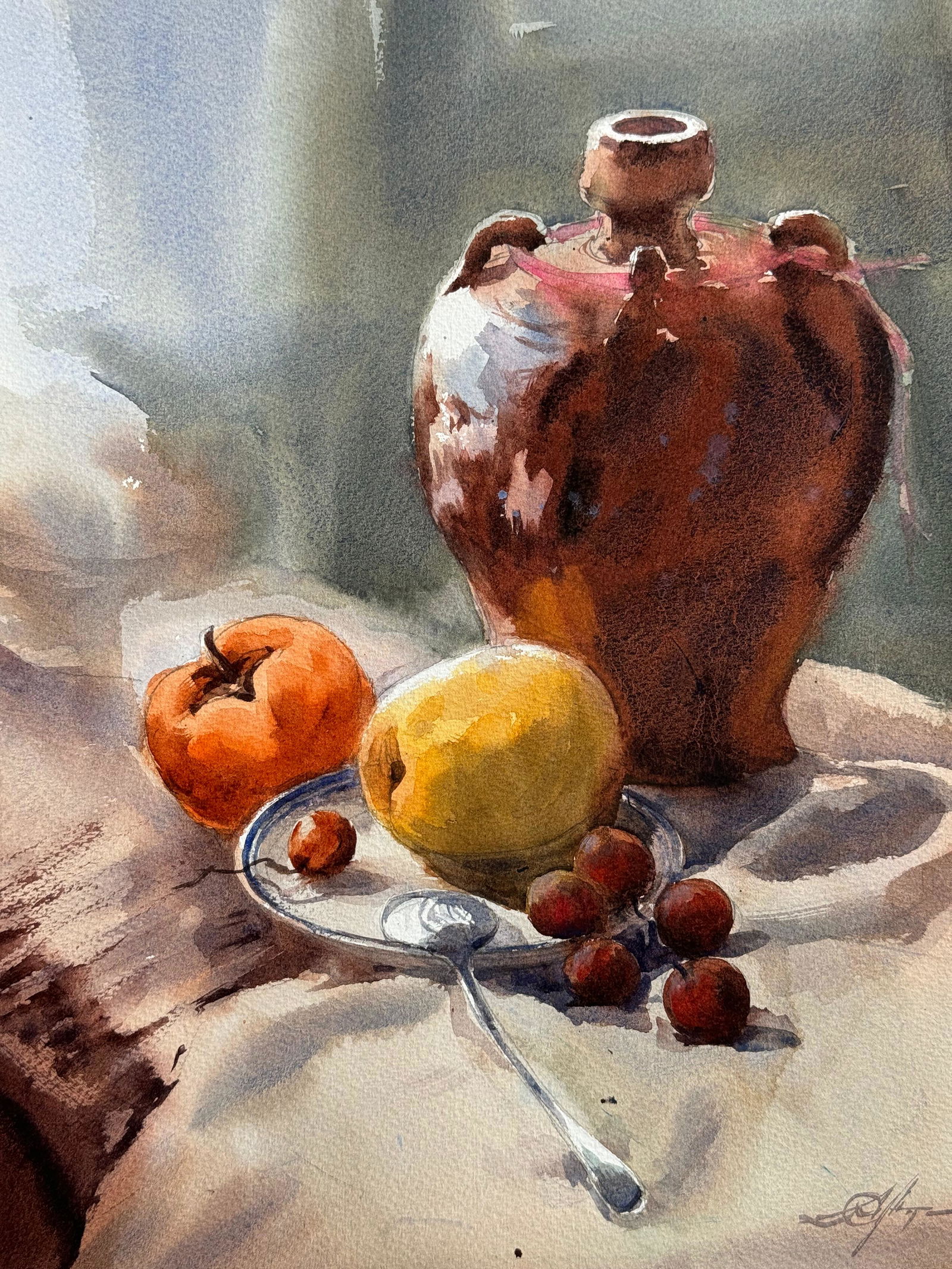 Watercolor Still Life Painting For Drawing Room,Dinning Hall / Old Clay Pot 16x12 inch.  Image