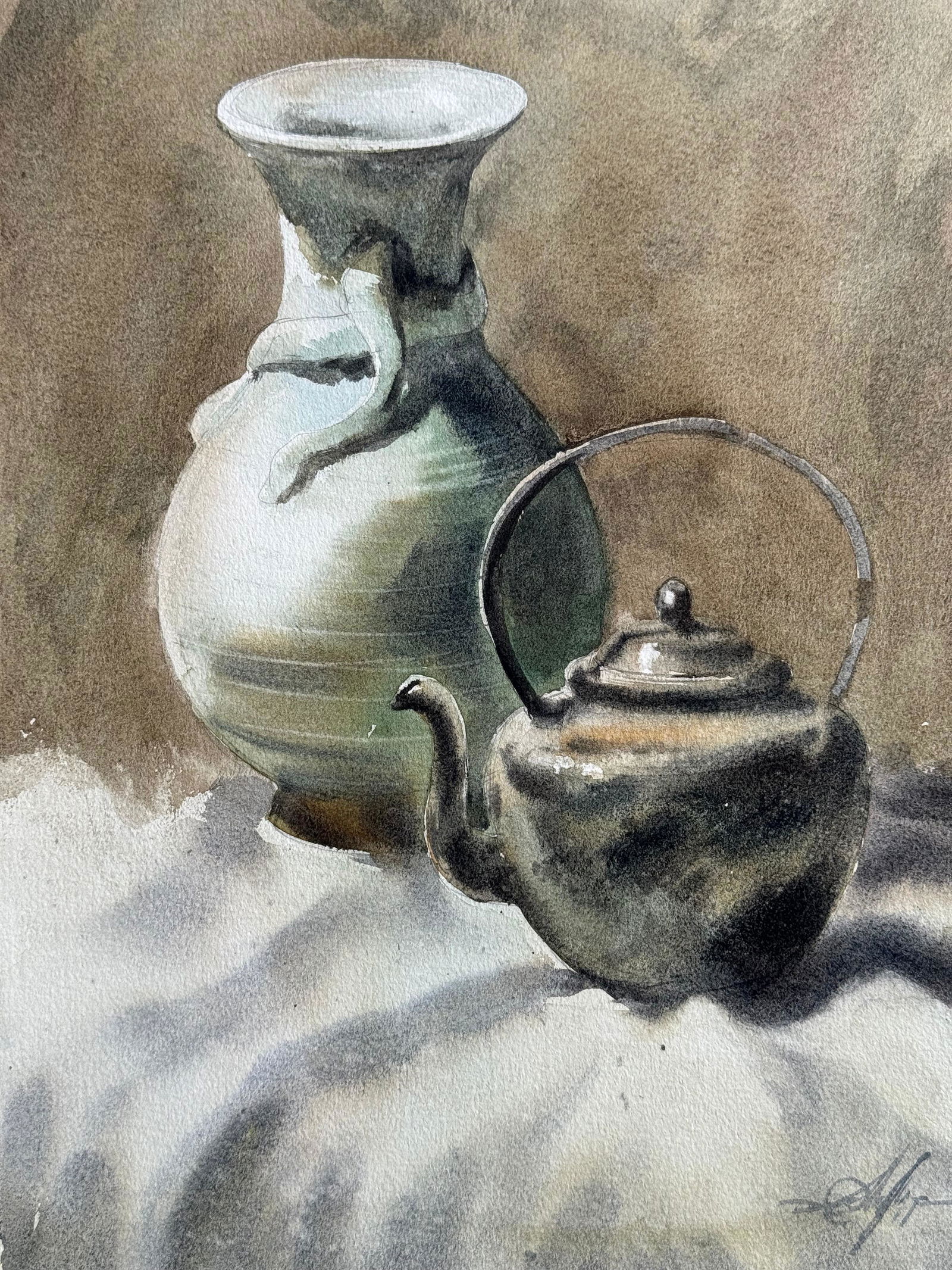 Watercolor Still Life Painting For Drawing Room,Dinning Hall / Old Pot 15x11 inch. Image