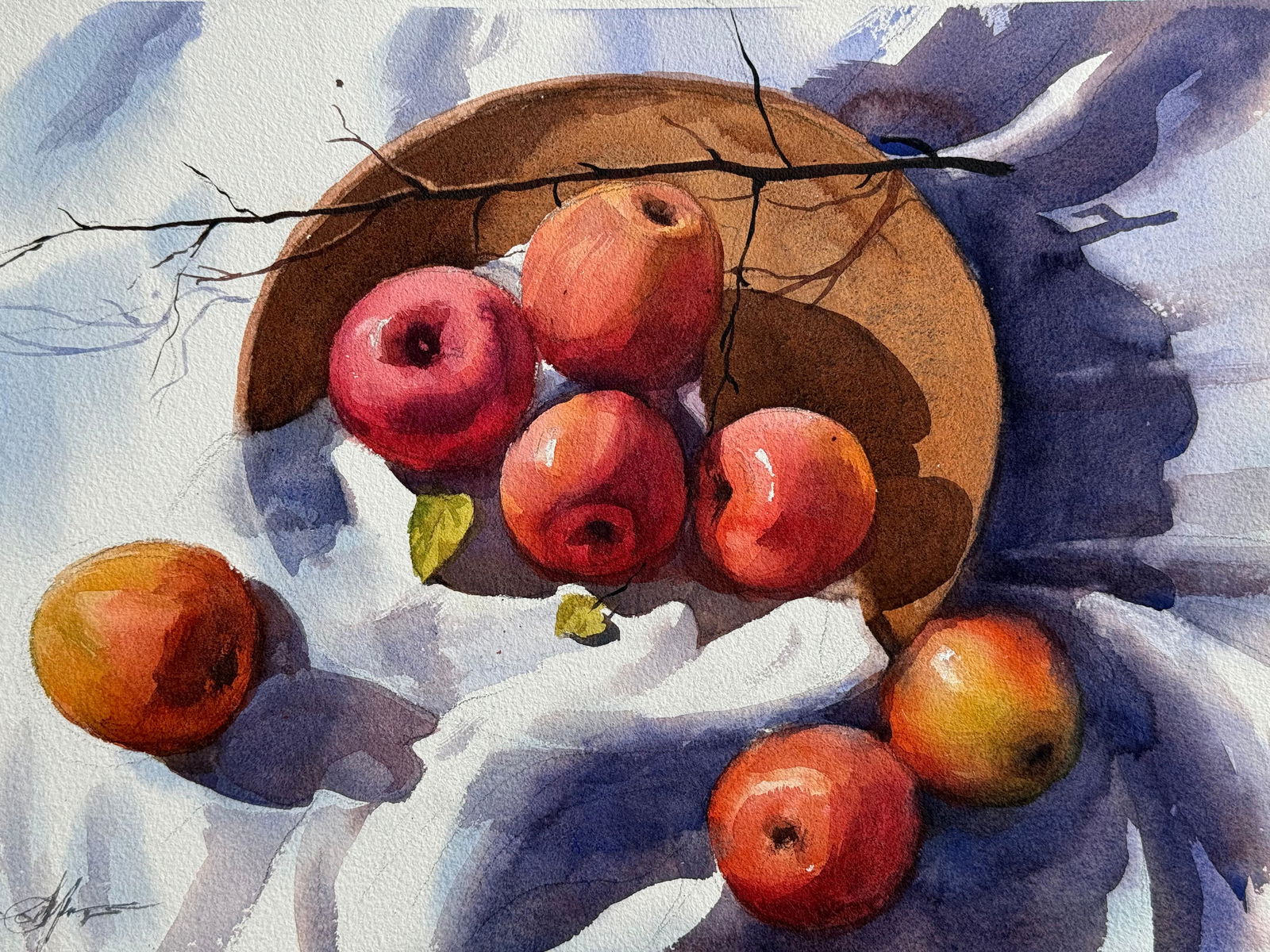 Watercolor Still Life Painting For Drawing Room,Dinning Hall / Apple With Pot 15x11 inch.    Image