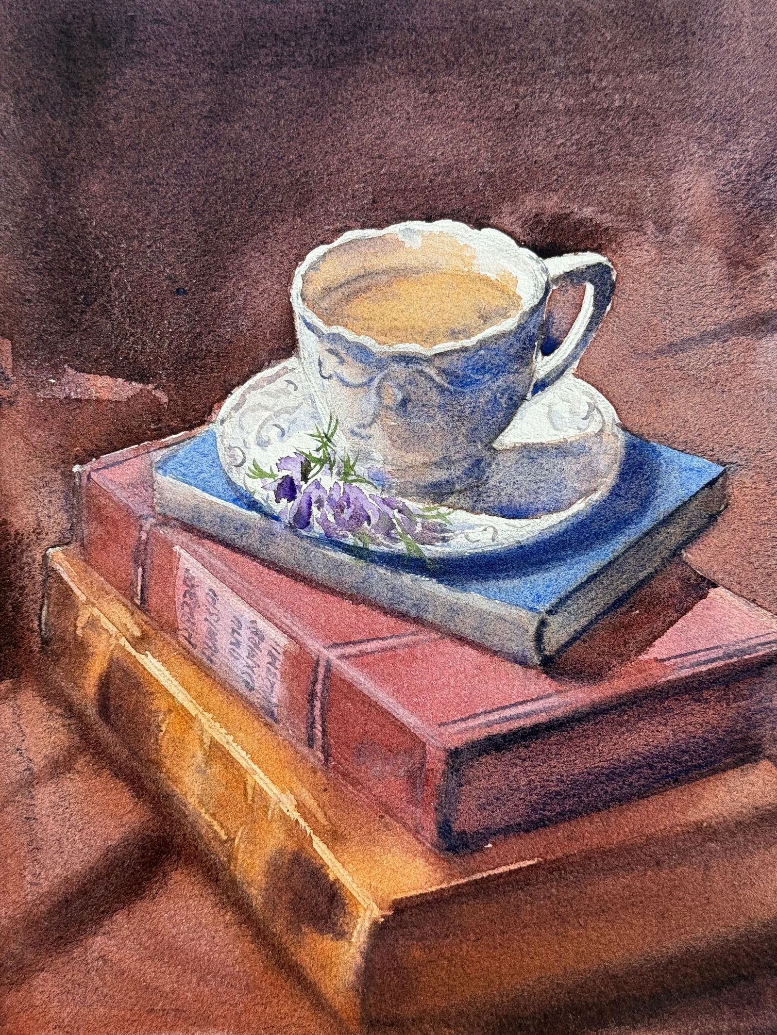 Watercolor Still Life Painting For Drawing Room,Dinning Hall /  Books and Tea 11x9inch. Image